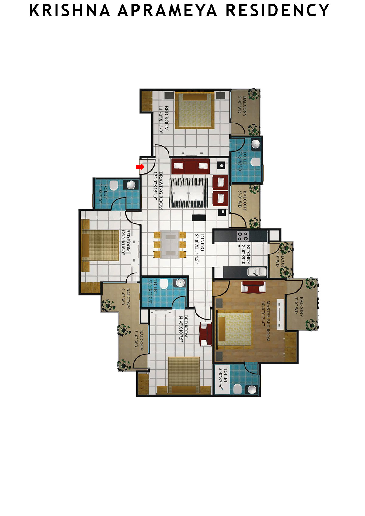 Krishna Aprameya Residency Yamuna Unit 5 (Type I) Floor Plan