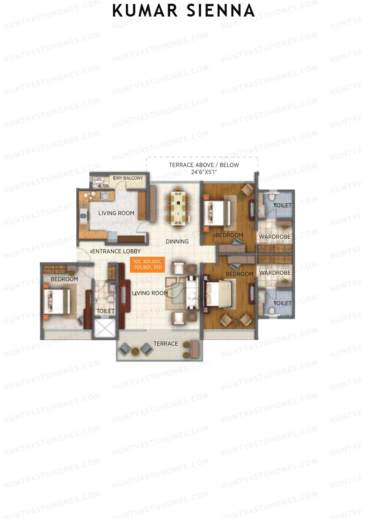 Kumar Sienna, Tower C1, Unit 1, 3BHK, Super Area 2293   sq ft 