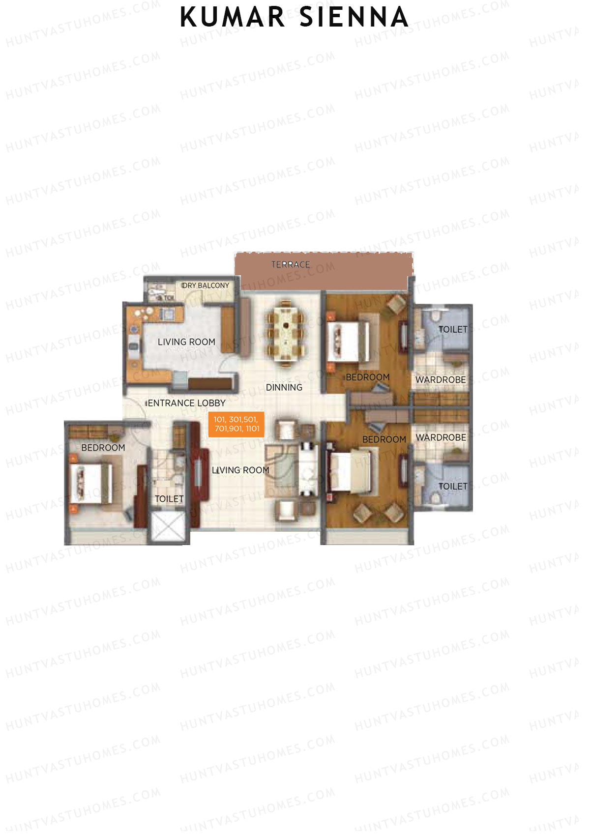 Kumar Sienna, Tower C2, Unit 1, 3BHK, Super Area 2293   sq ft 