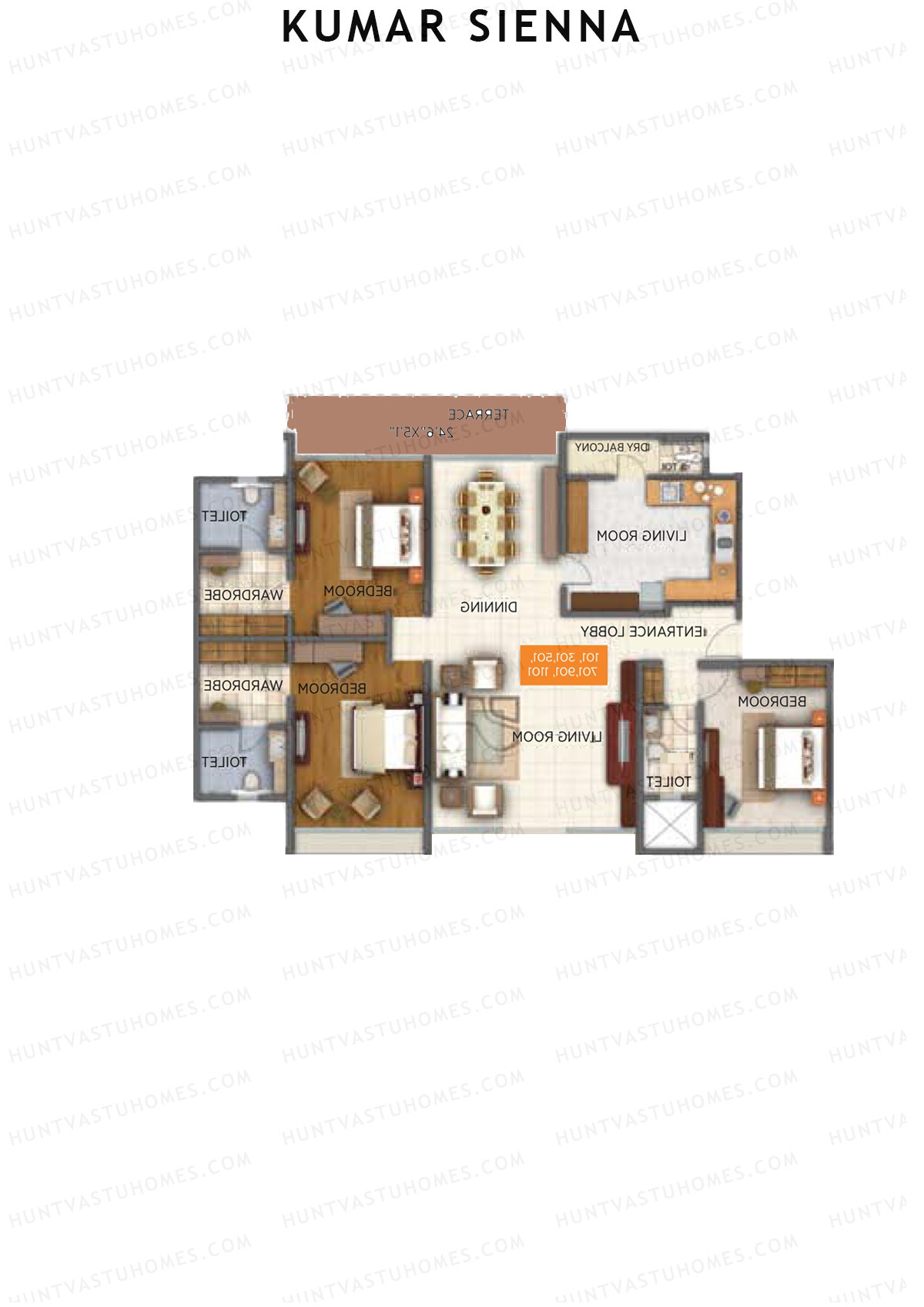 Kumar Sienna, Tower C2, Unit 2, 3BHK, Super Area 2293   sq ft 