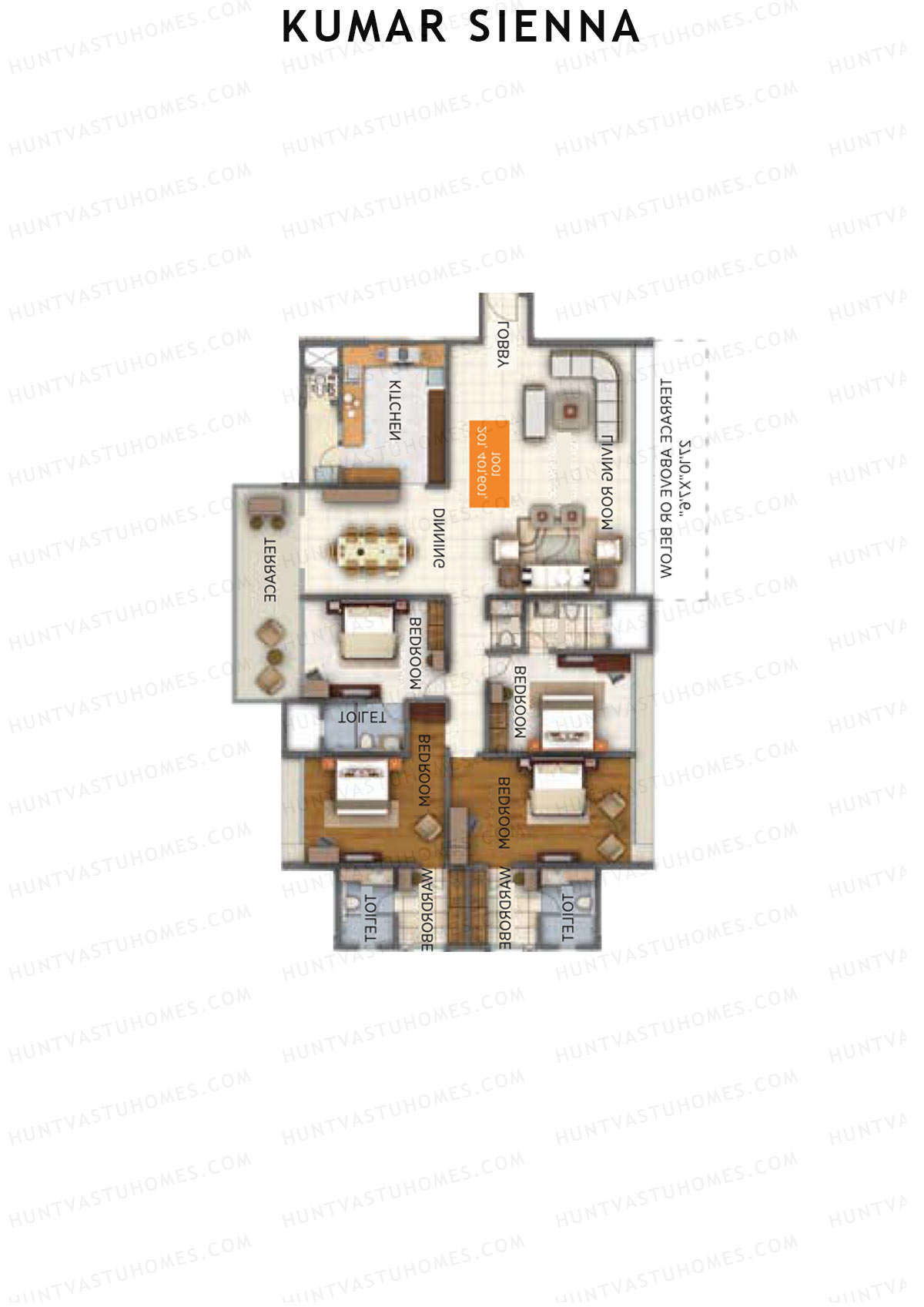 Kumar Sienna, Tower D1, Unit 2, 4BHK, Super Area 3135   sq ft 
