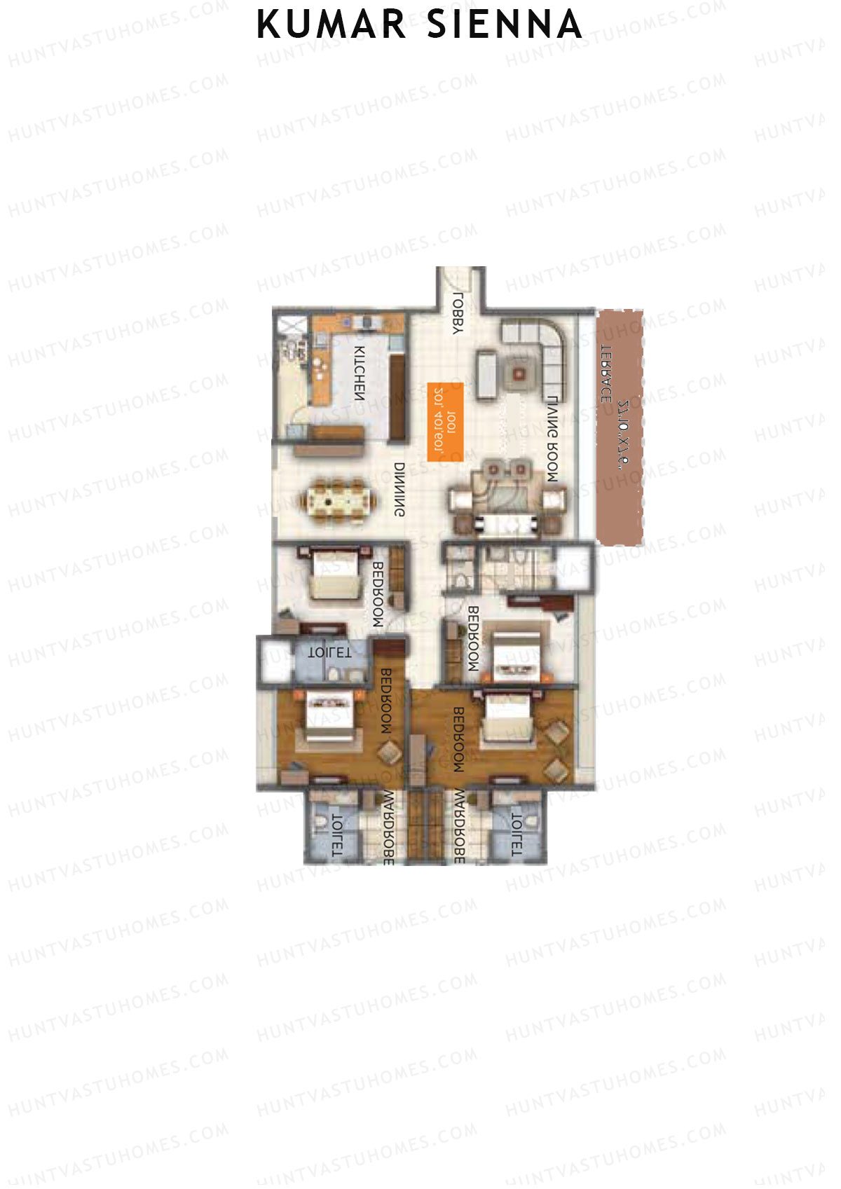Kumar Sienna, Tower D1, Unit 2, 4BHK, Super Area 3193   sq ft 
