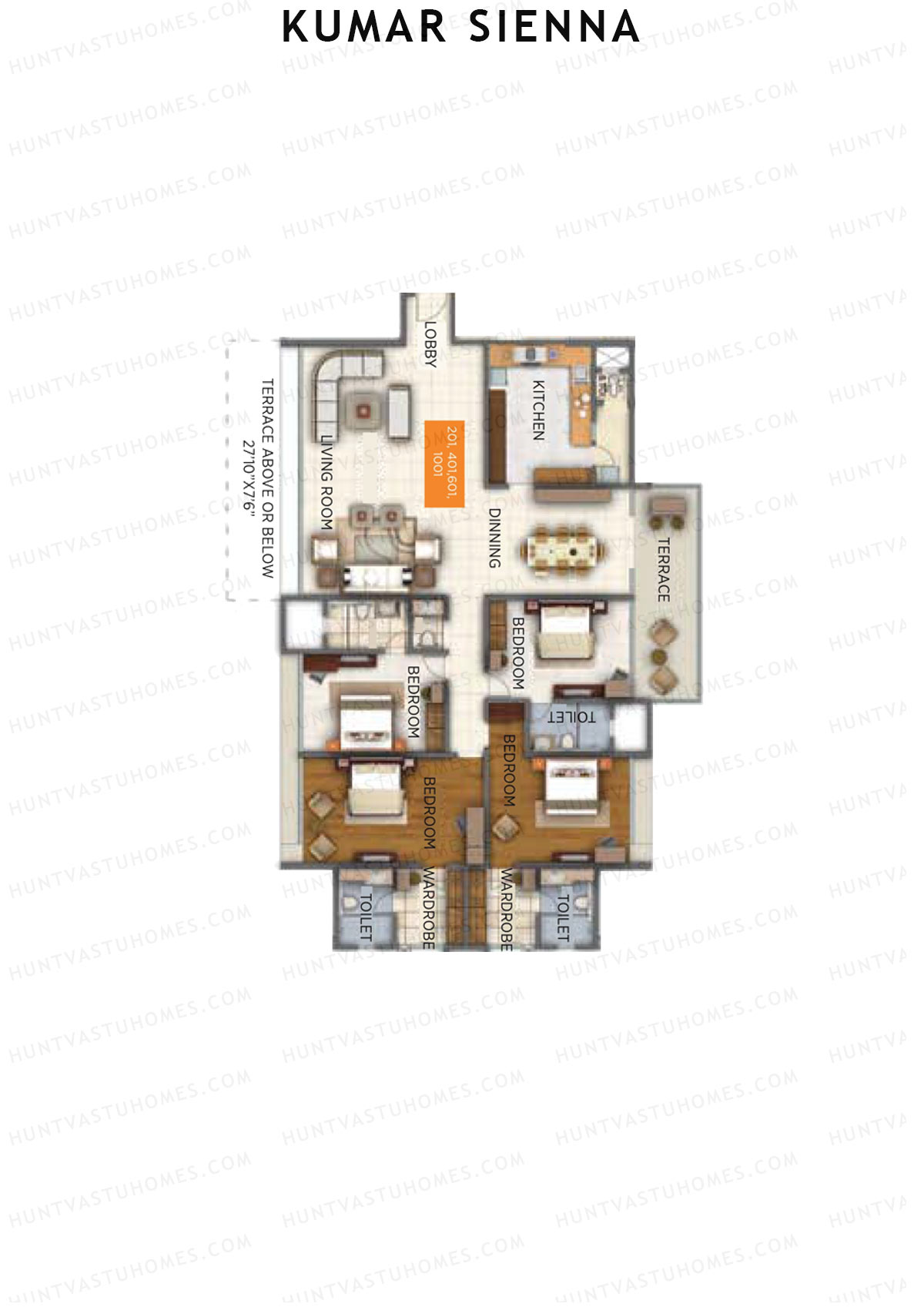 Kumar Sienna, Tower D2, Unit 1, 4BHK, Super Area 3135   sq ft 