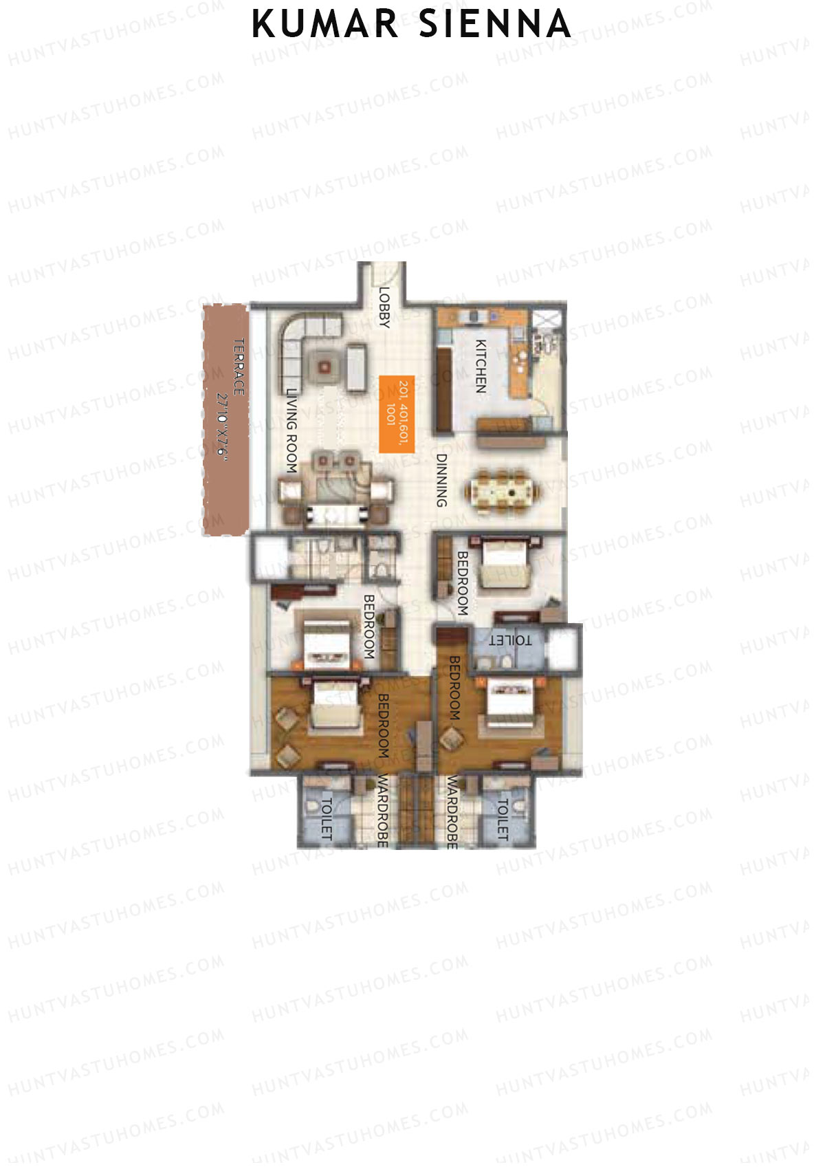 Kumar Sienna, Tower D2, Unit 1, 4BHK, Super Area 3193   sq ft 