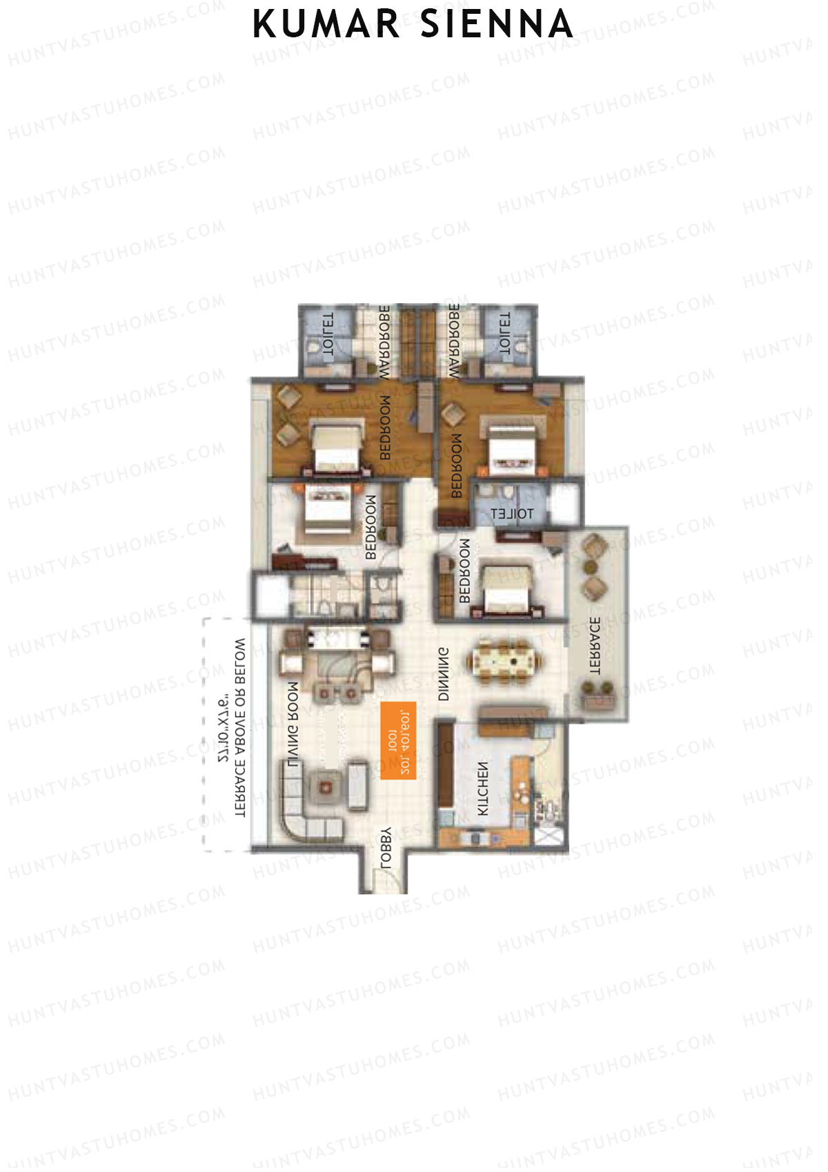 Kumar Sienna, Tower D2, Unit 2, 4BHK, Super Area 3135   sq ft 