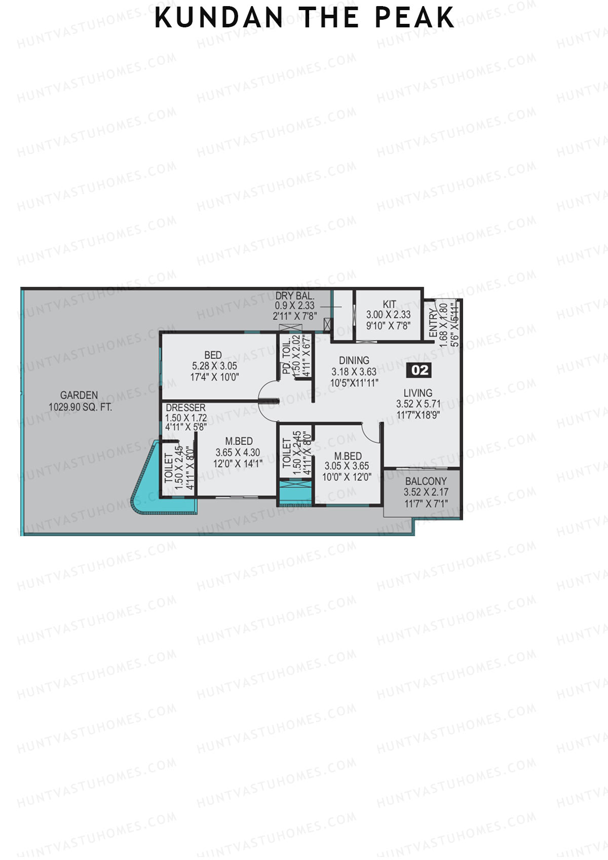 Kundan The Peak, Tower 1, Unit 2, 3BHK, Super Area 1771   sq ft 
