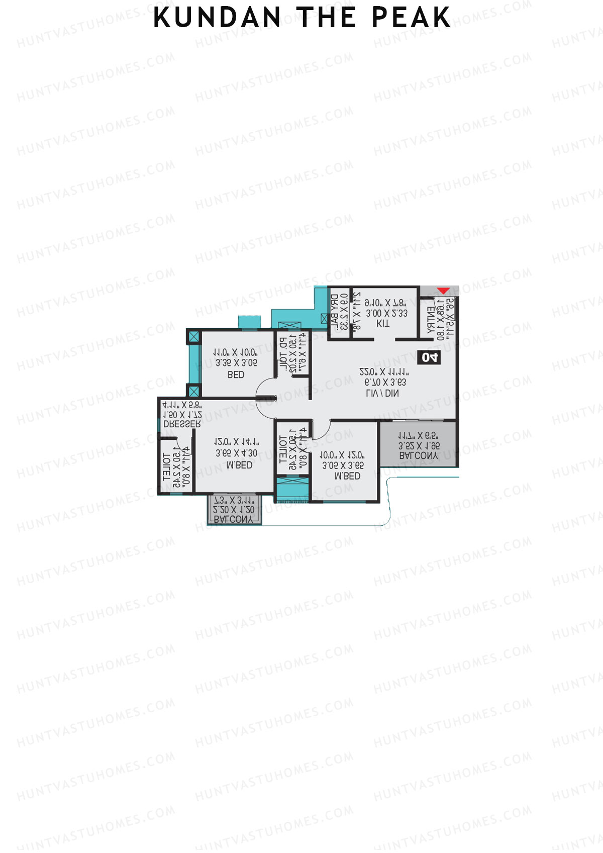 Kundan The Peak, Tower 1, Unit 2 (Type A), 3BHK, Super Area 1129   sq ft 
