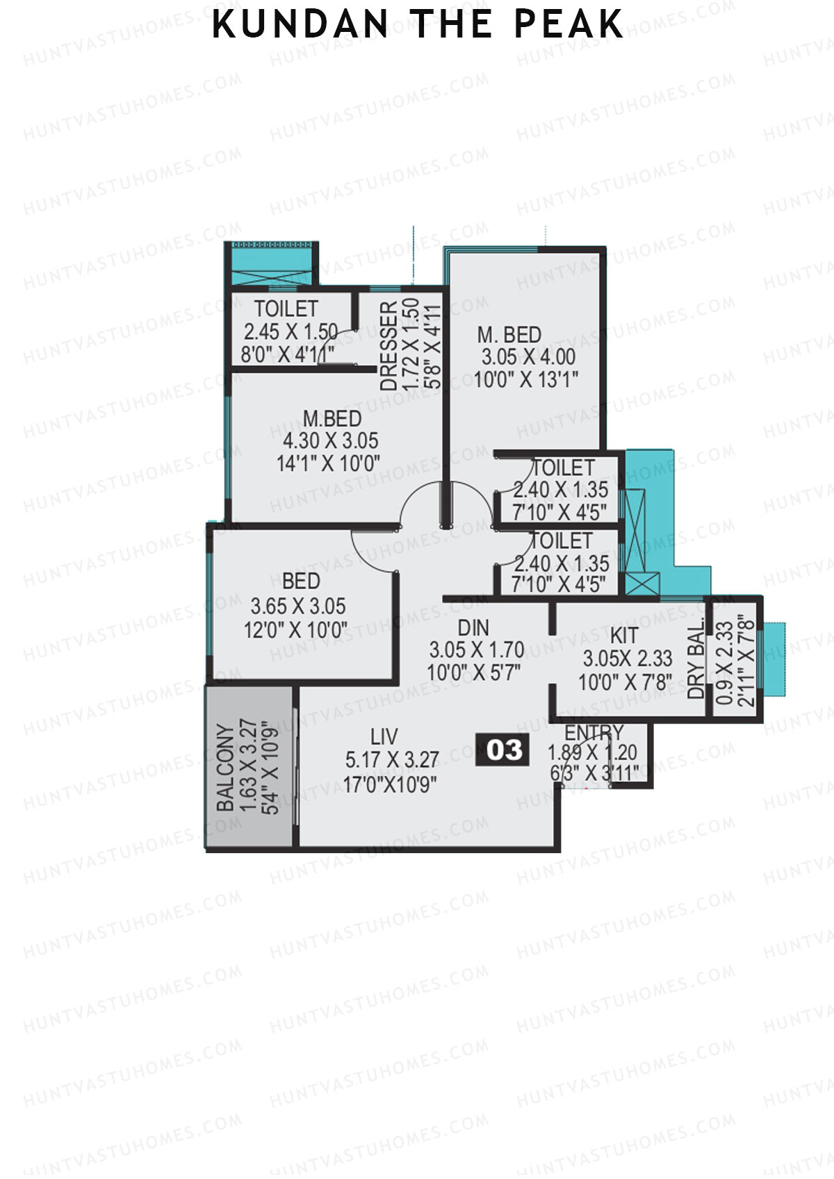 Kundan The Peak, Tower 1, Unit 3 (Type B), 3BHK, Super Area 1053   sq ft 