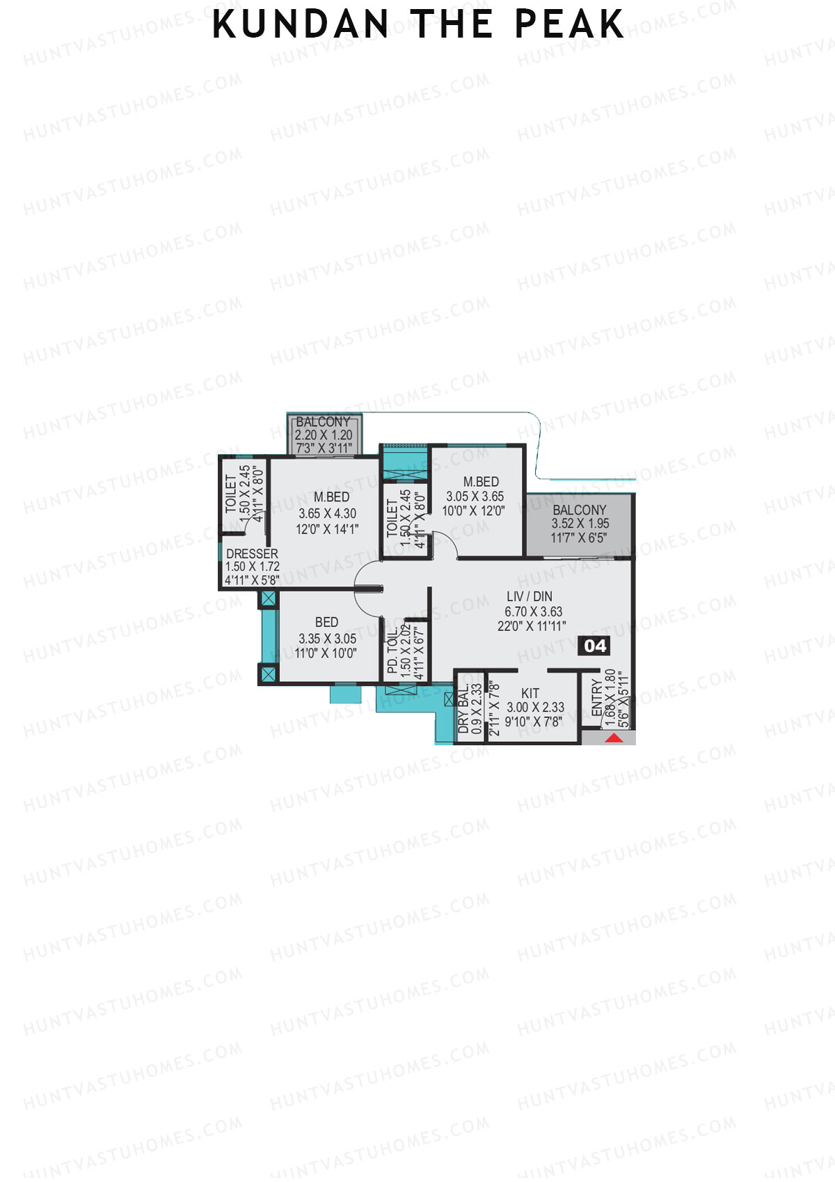 Kundan The Peak, Tower 1, Unit 4 (Type A), 3BHK, Super Area 1129   sq ft 