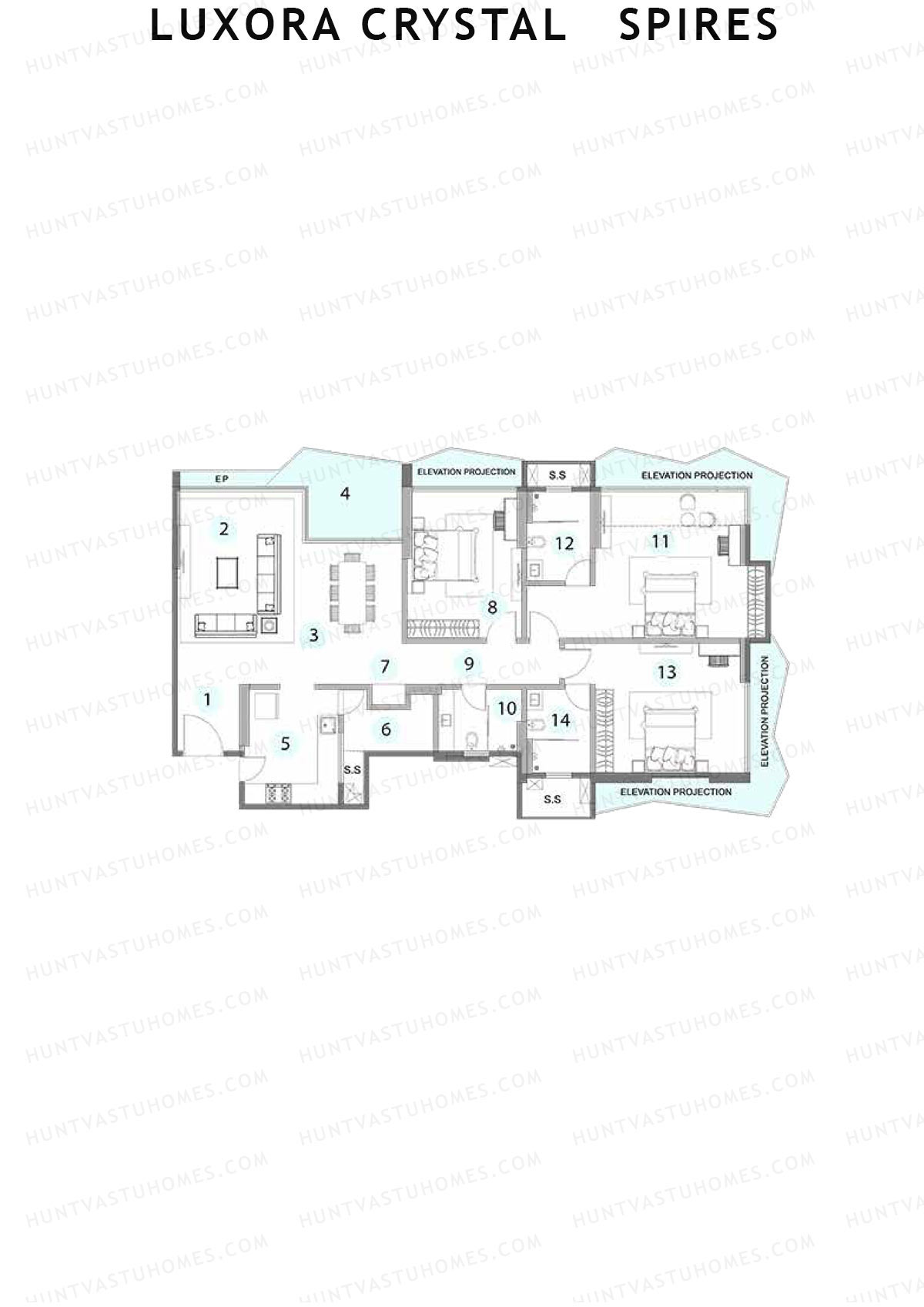 Luxora Crystal Spires, Tower A, Unit 2, 3BHK, Carpet Area 1498   sq ft 