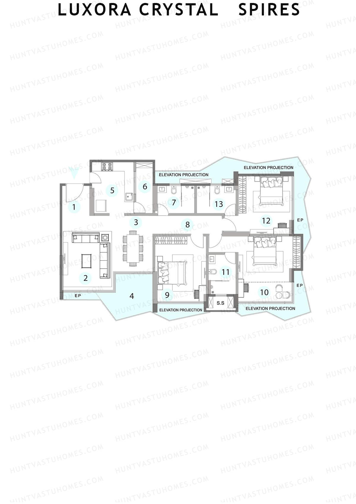 Luxora Crystal Spires, Tower A, Unit 3, 3BHK, Carpet Area 1350   sq ft 