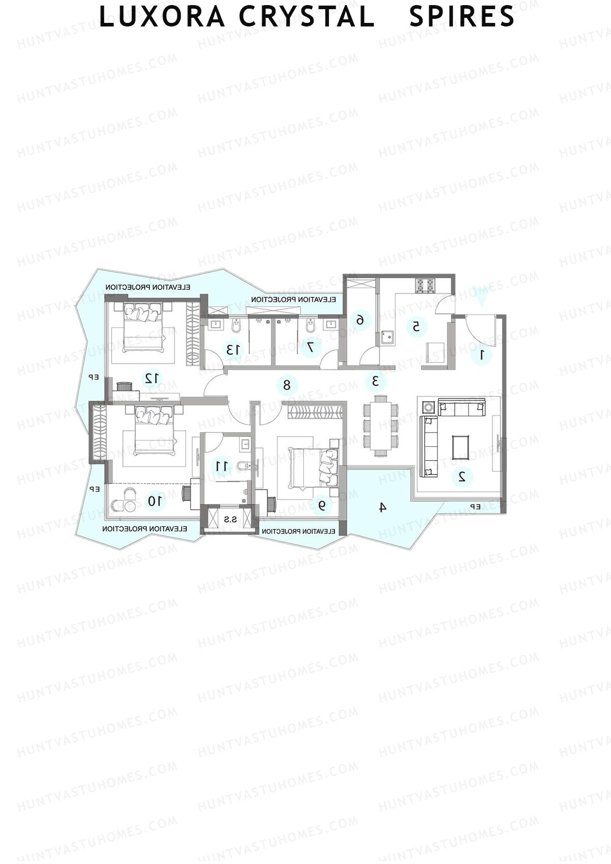 Luxora Crystal Spires, Tower A, Unit 4, 3BHK, Carpet Area 1350   sq ft 