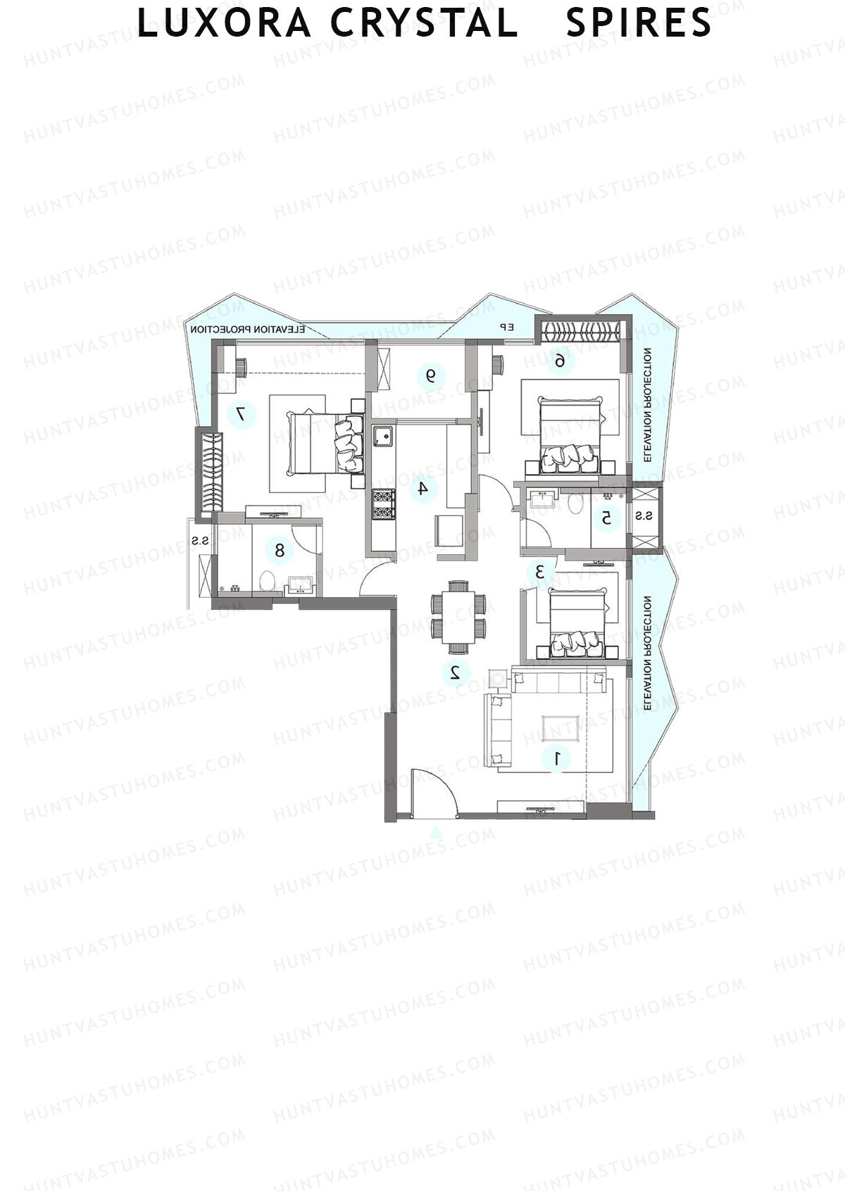 Luxora Crystal Spires, Tower B, Unit 1, 3BHK, Carpet Area 1033   sq ft 