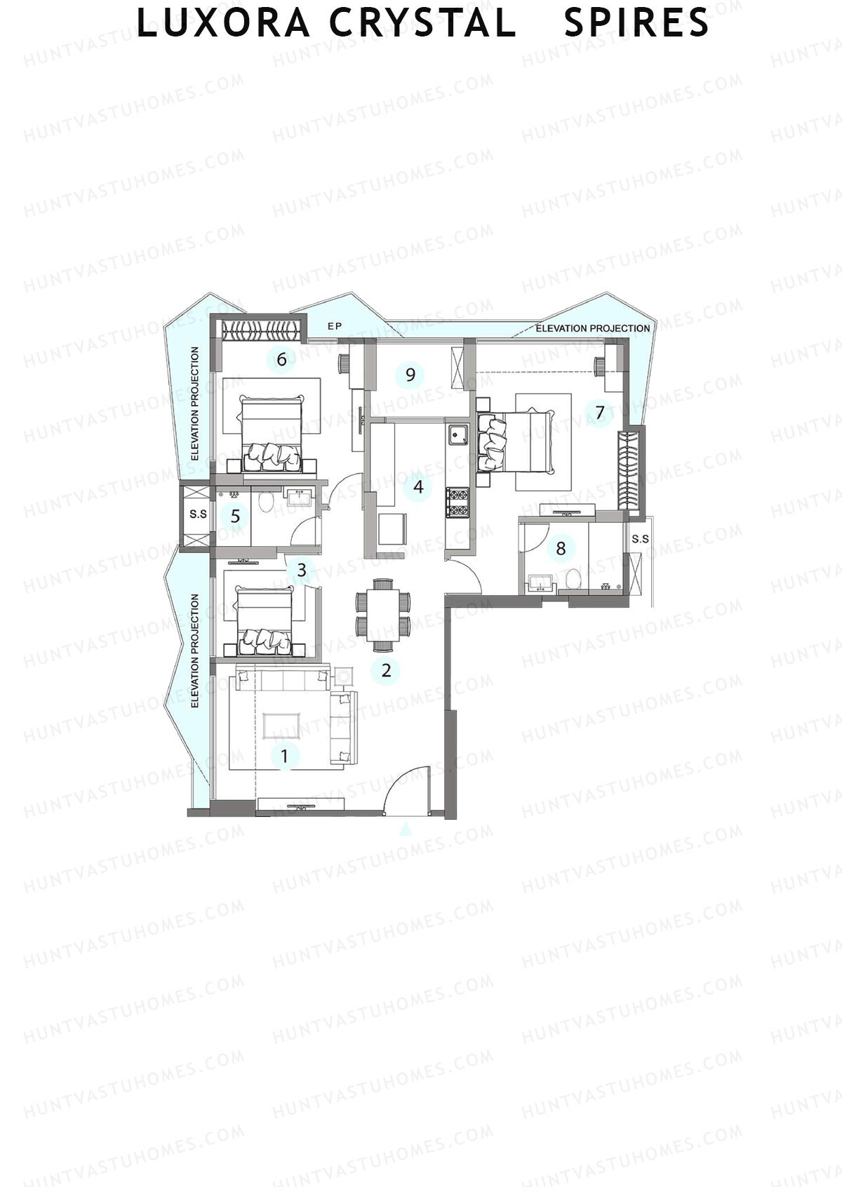 Luxora Crystal Spires, Tower B, Unit 4, 3BHK, Carpet Area 1033   sq ft 