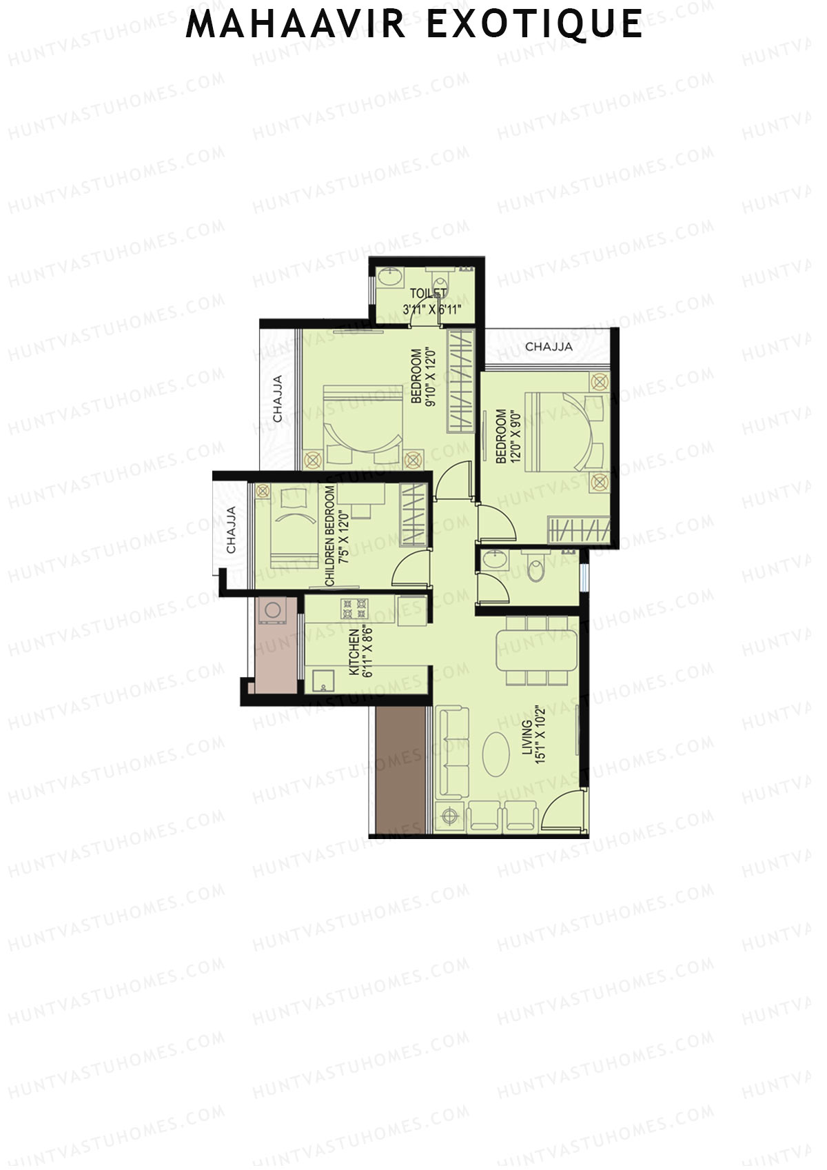 Mahaavir Exotique, Camellias Wing A, Unit 4, 3BHK, Carpet Area 700   sq ft 