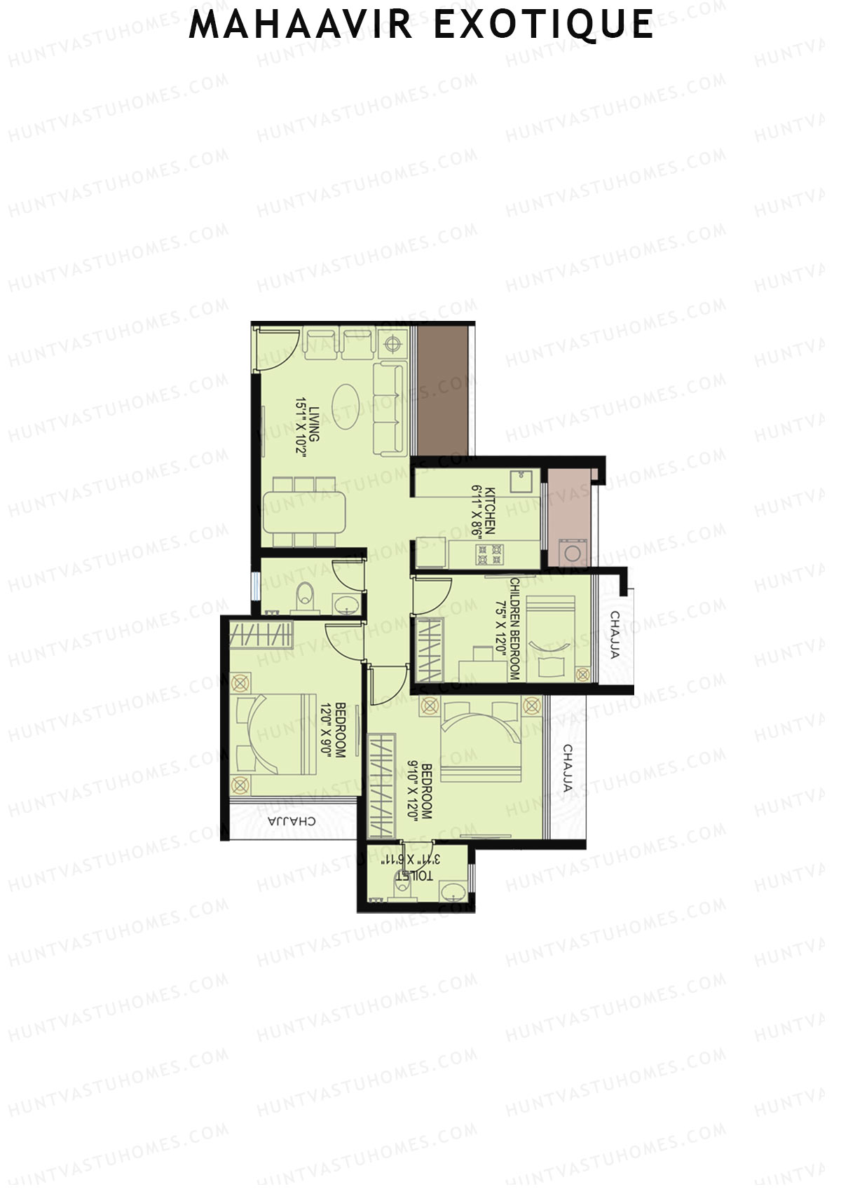 Mahaavir Exotique, Camellias Wing A, Unit 6, 3BHK, Carpet Area 700   sq ft 