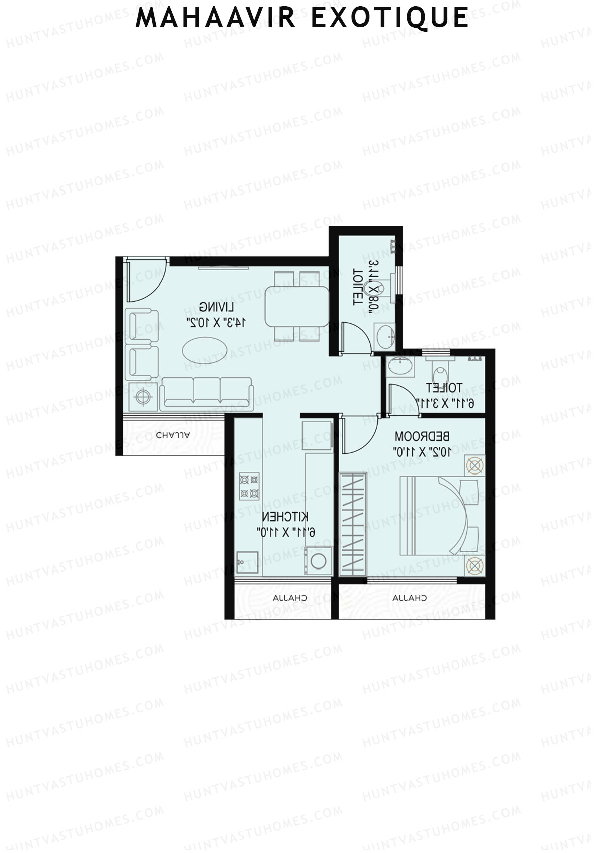 Mahaavir Exotique, Iris Wing B, Unit 1, 1BHK, Carpet Area 424   sq ft 