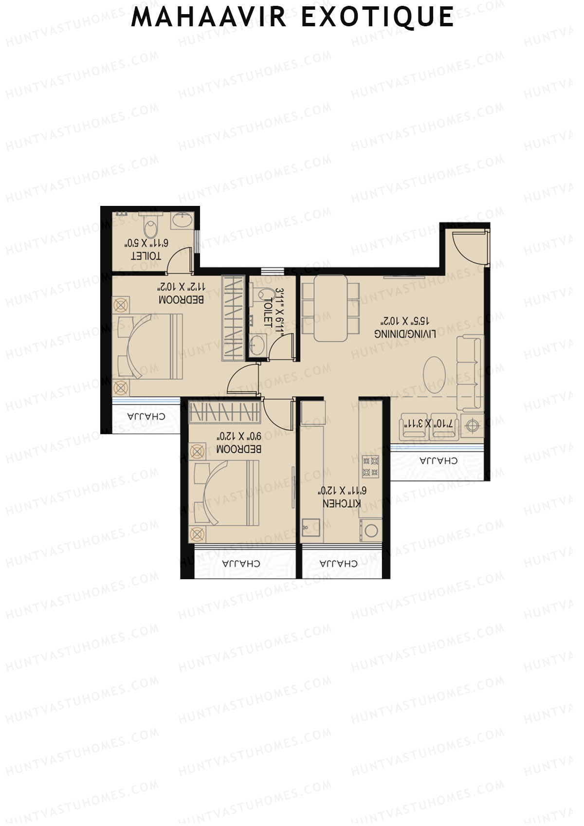 Mahaavir Exotique, Jasmine Wing C, Unit 3, 2BHK, Carpet Area 602   sq ft 