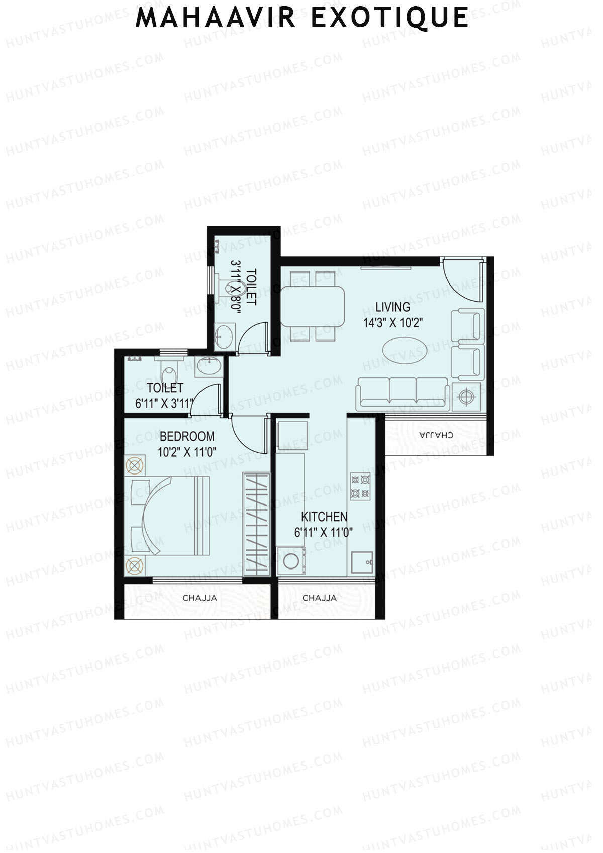 Mahaavir Exotique, Lilac Wing D, Unit 2, 1BHK, Carpet Area 424   sq ft 