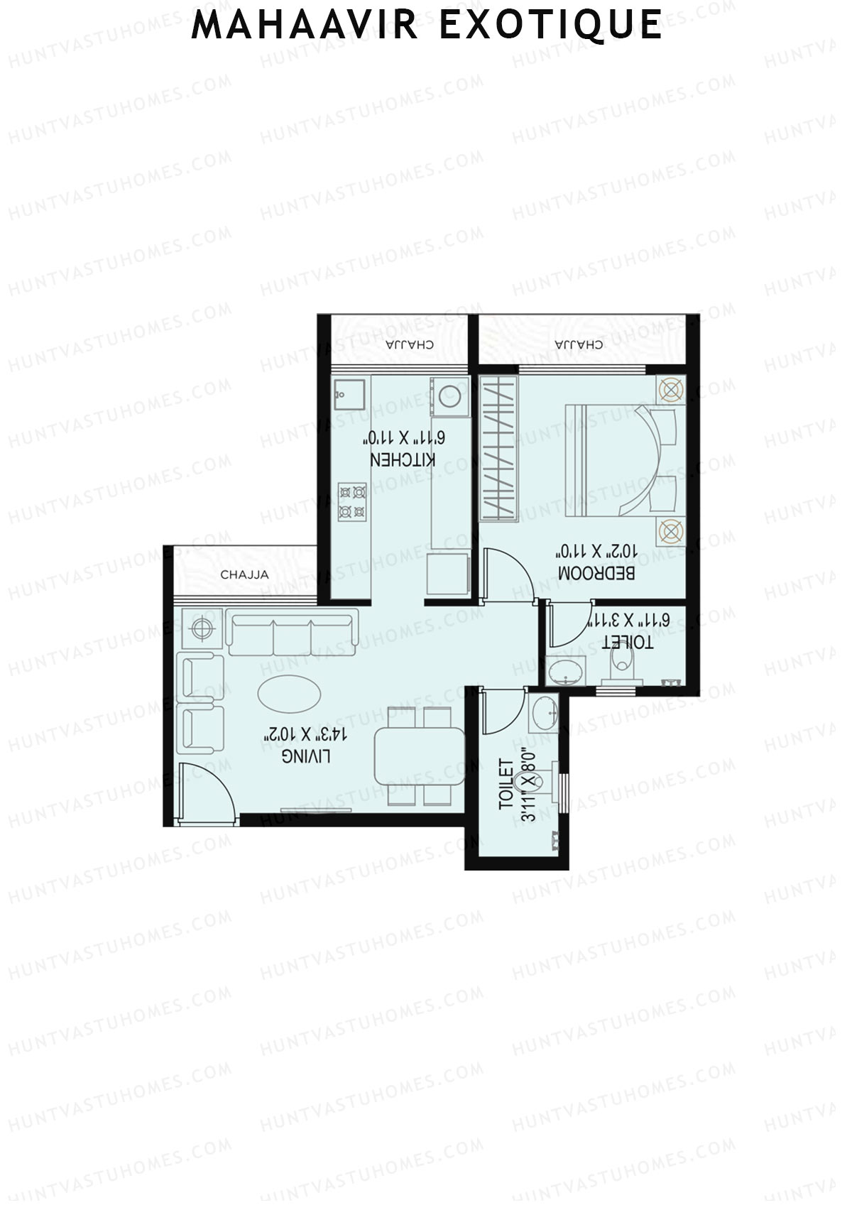 Mahaavir Exotique, Lilac Wing D, Unit 5, 1BHK, Carpet Area 424   sq ft 