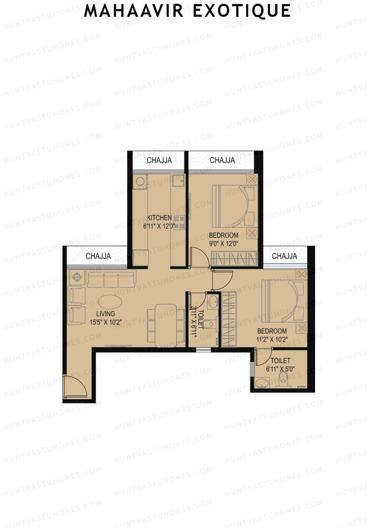 Mahaavir Exotique, Lilac Wing D, Unit 7, 2BHK, Carpet Area 577   sq ft 
