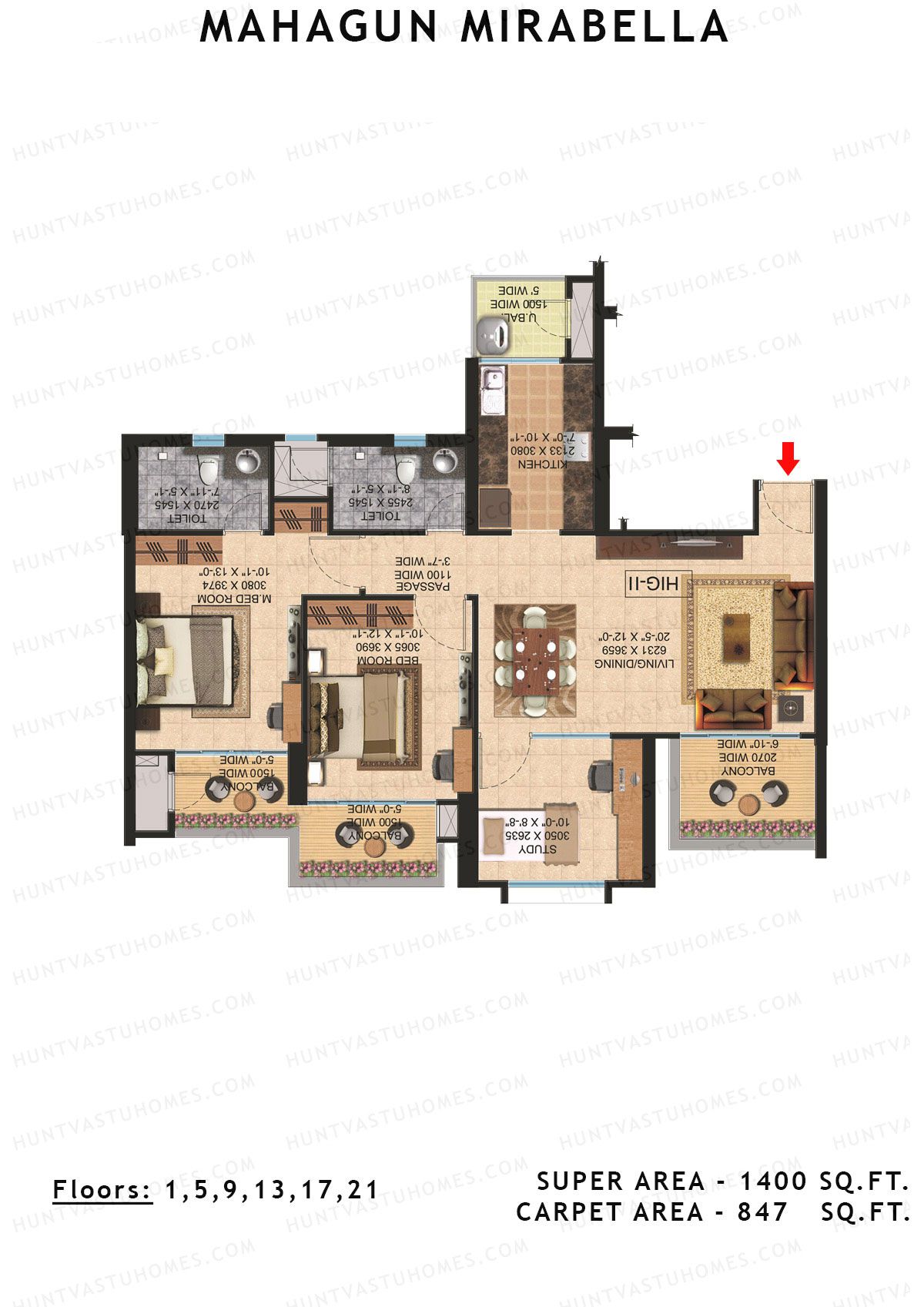 Mahagun Mirabella Tower Modena Unit 8 (Type HIG2) Floor Plan