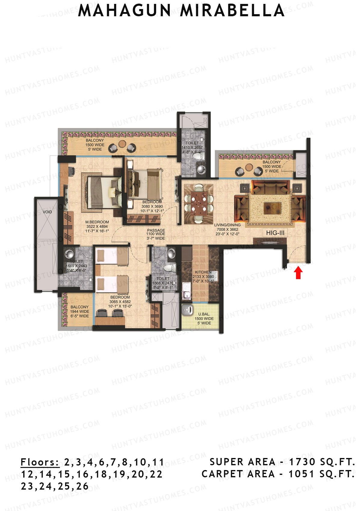 Mahagun Mirabella Tower Modena Unit 3 (Type HIG3) Floor Plan