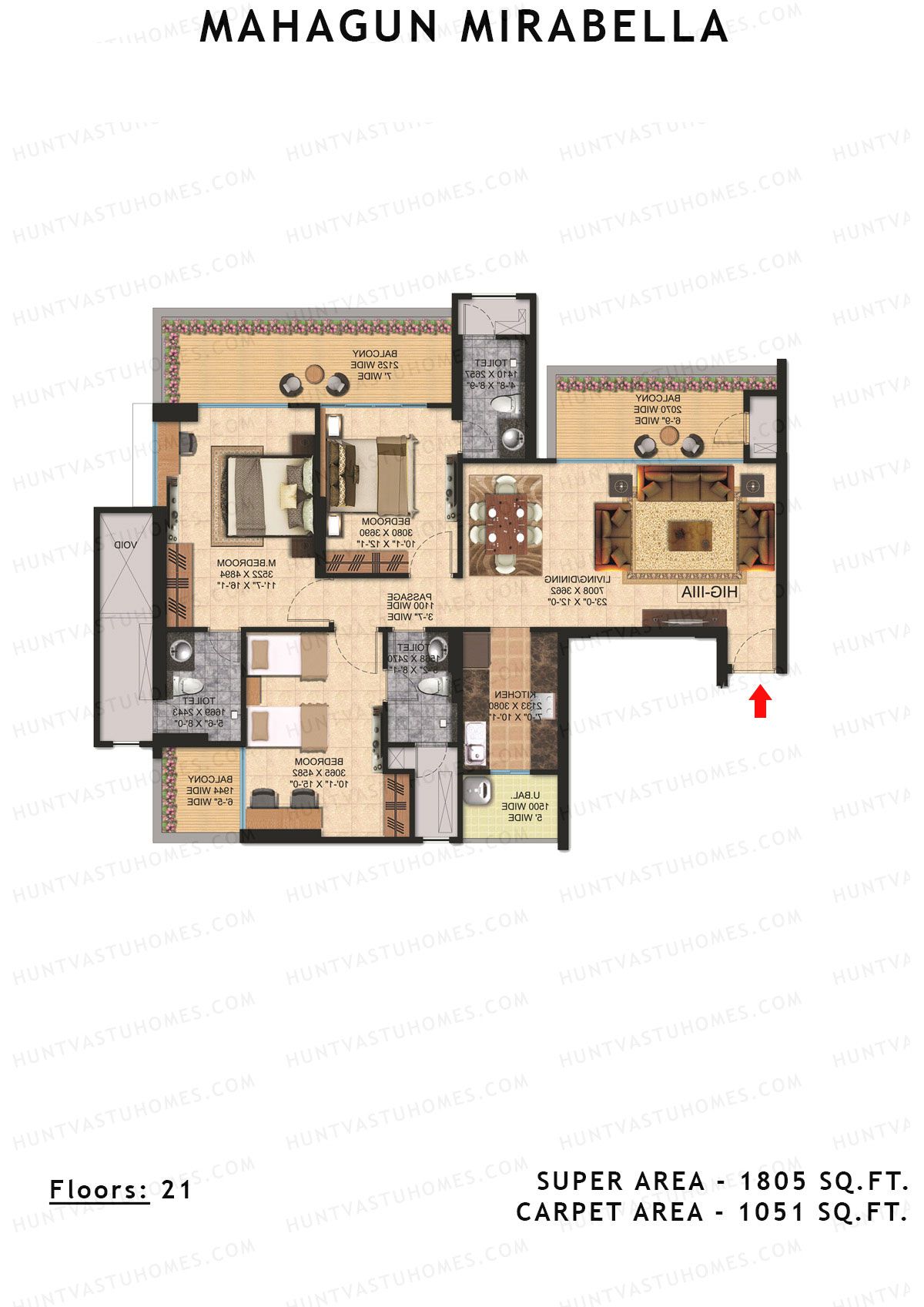 Mahagun Mirabella Tower Modena Unit 3 (Type HIG3A) Floor Plan