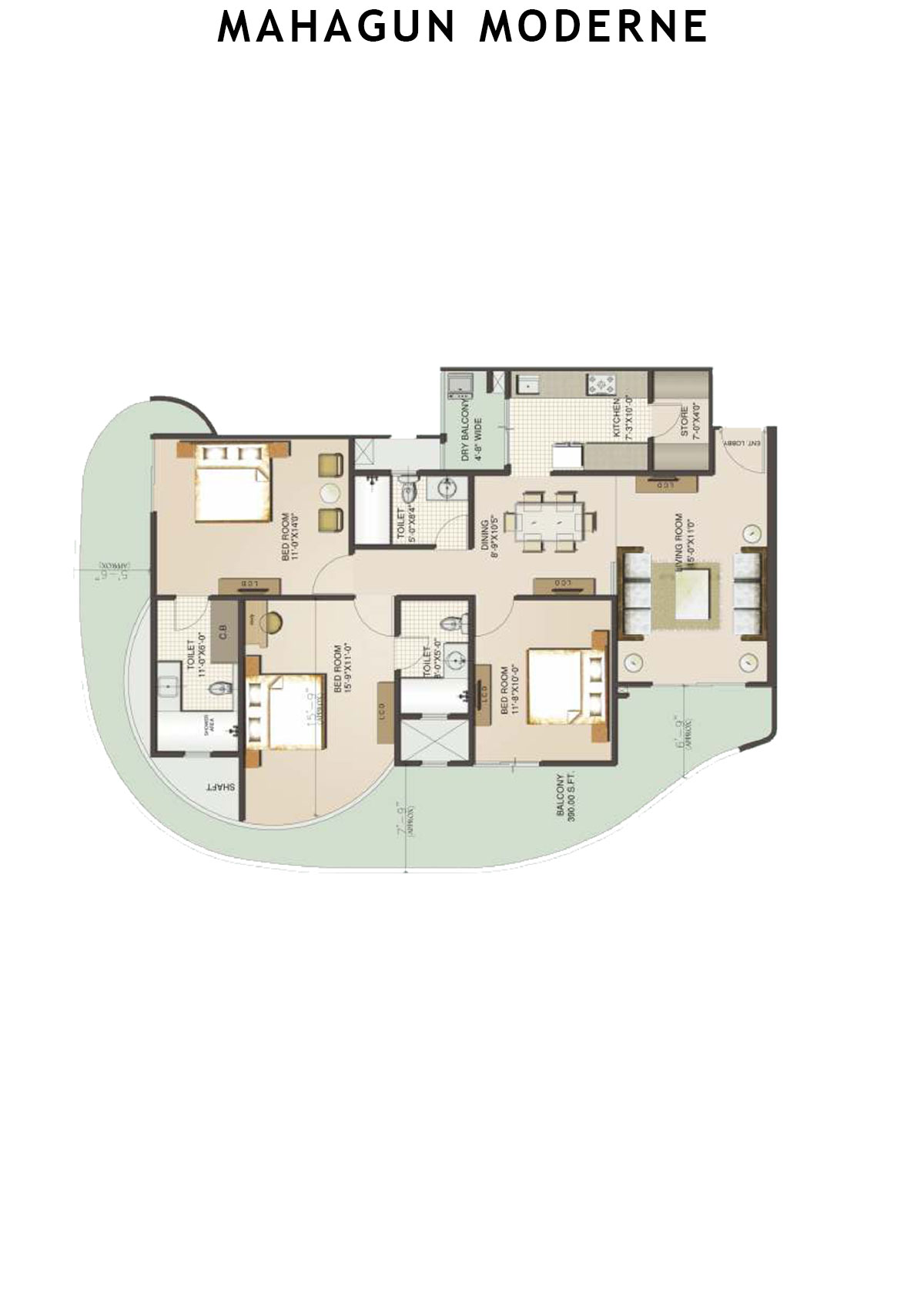 Mahagun Moderne Avlon Unit 93 (Type HIG-XXI A) Floor Plan