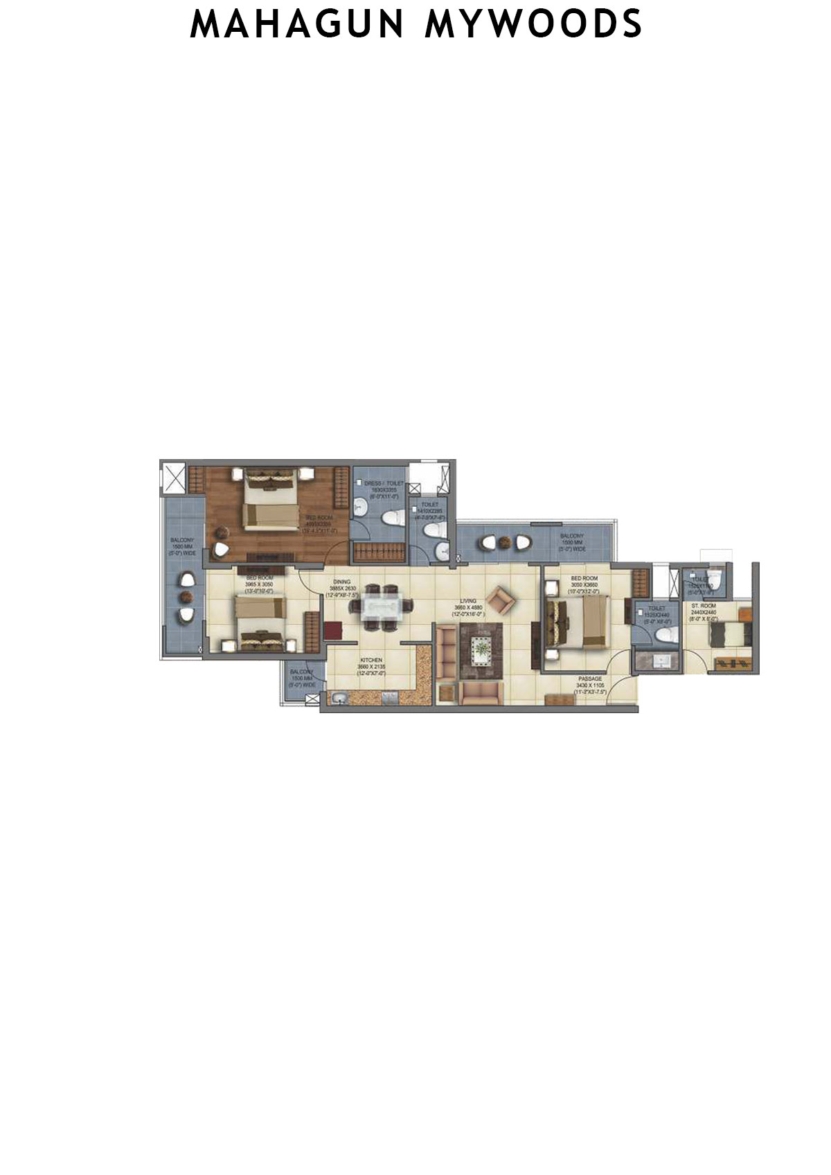Mahagun Mywoods Chestnut Unit 134 (Type  HIG-3) Floor Plan