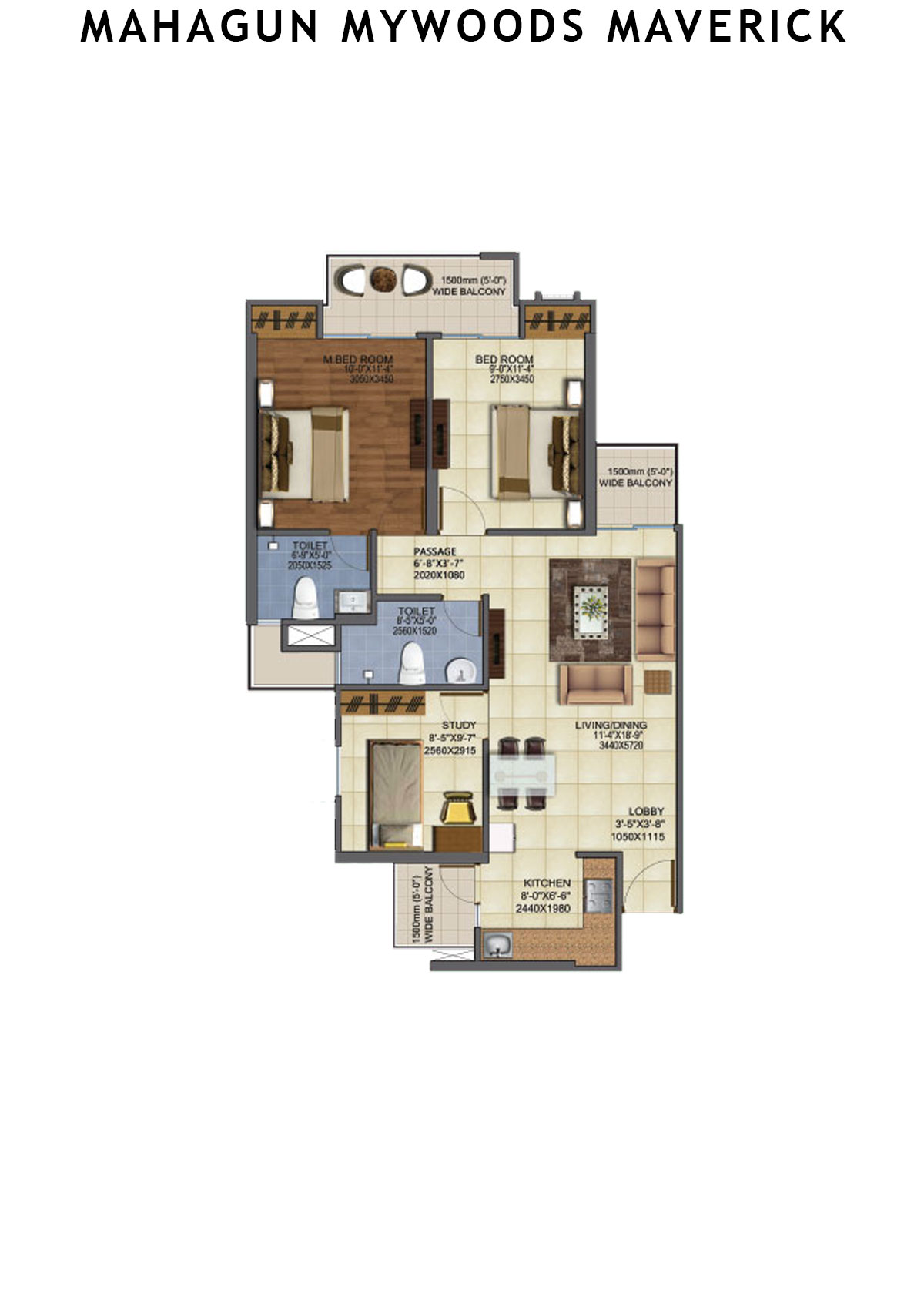 Mahagun Mywoods Maverick Wing 10 Unit 251 (Type HIG-1) Floor Plan