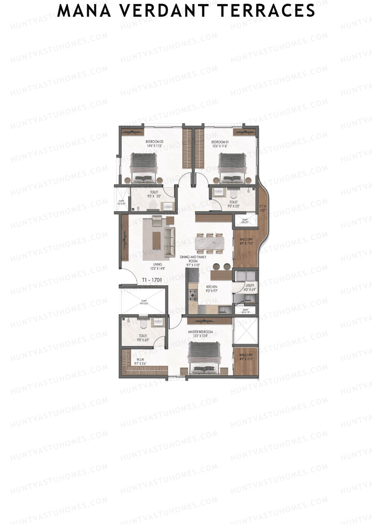 Mana Verdant Terraces, Tower 1, Unit 1, 3BHK, Super Area 1910   sq ft 