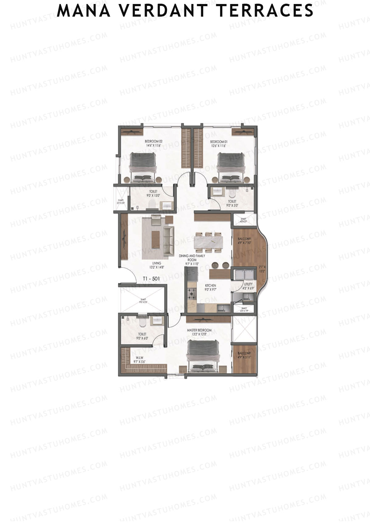 Mana Verdant Terraces, Tower 1, Unit 1, 3BHK, Super Area 1910   sq ft 