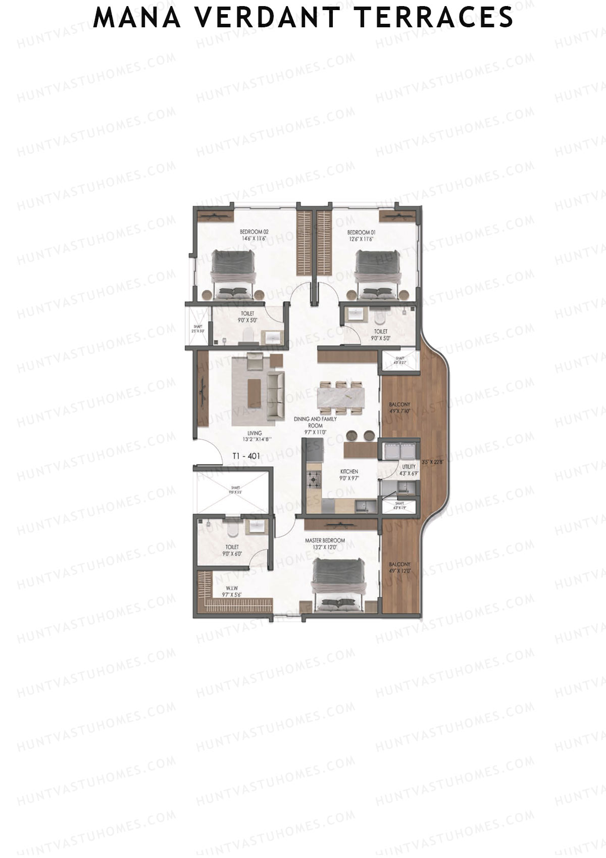 Mana Verdant Terraces, Tower 1, Unit 1, 3BHK, Super Area 2035   sq ft 