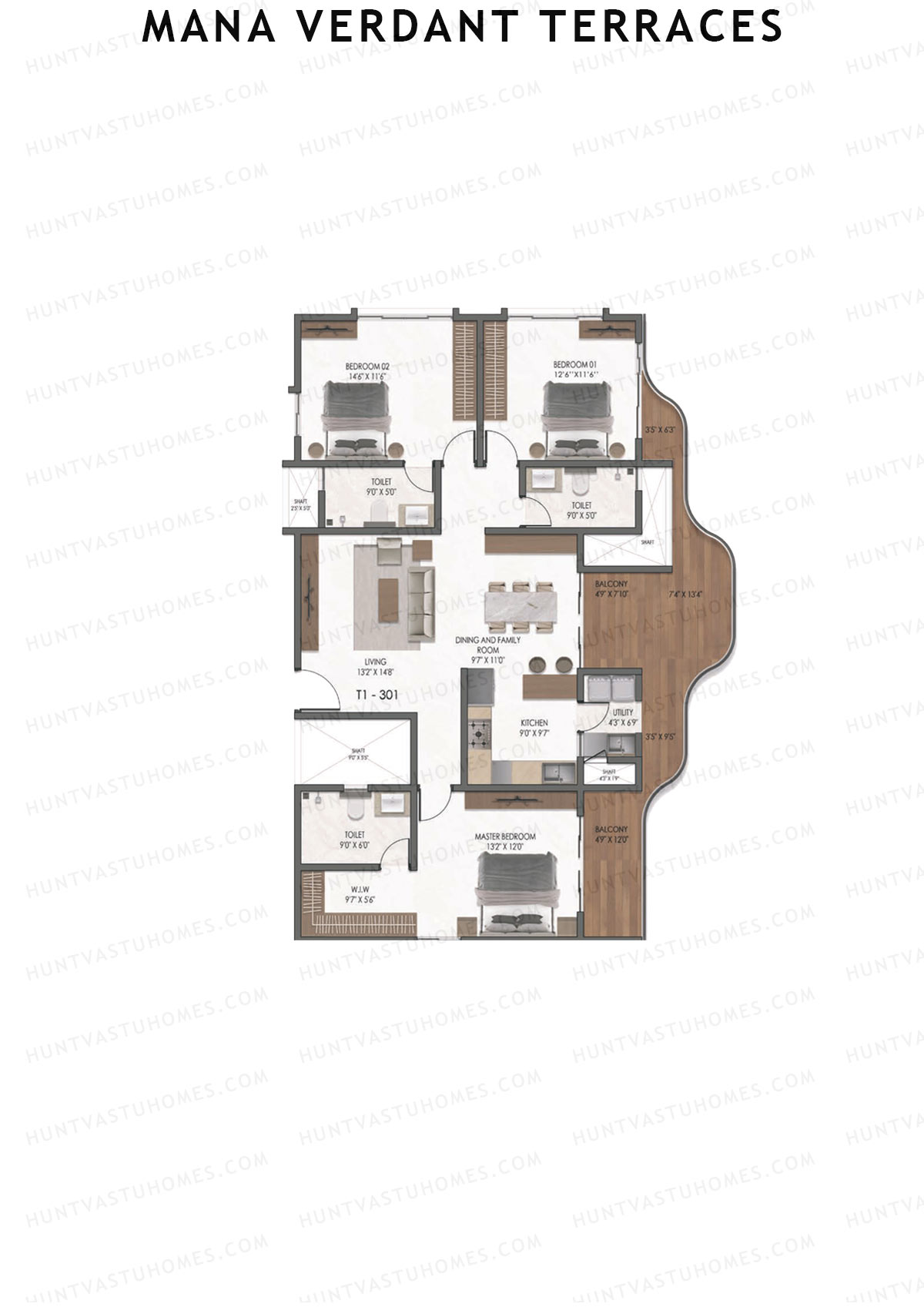 Mana Verdant Terraces, Tower 1, Unit 1, 3BHK, Super Area 2092   sq ft 
