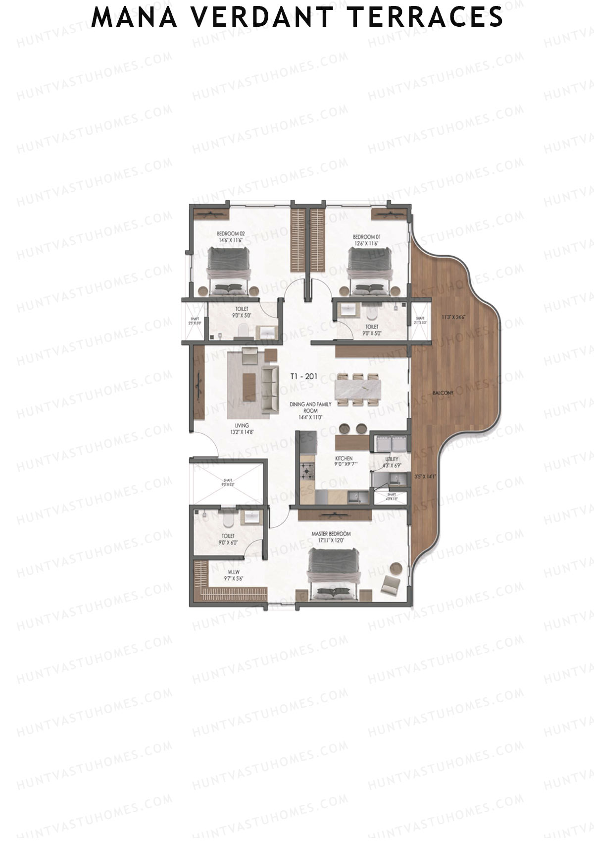 Mana Verdant Terraces, Tower 1, Unit 1, 3BHK, Super Area 2298   sq ft 