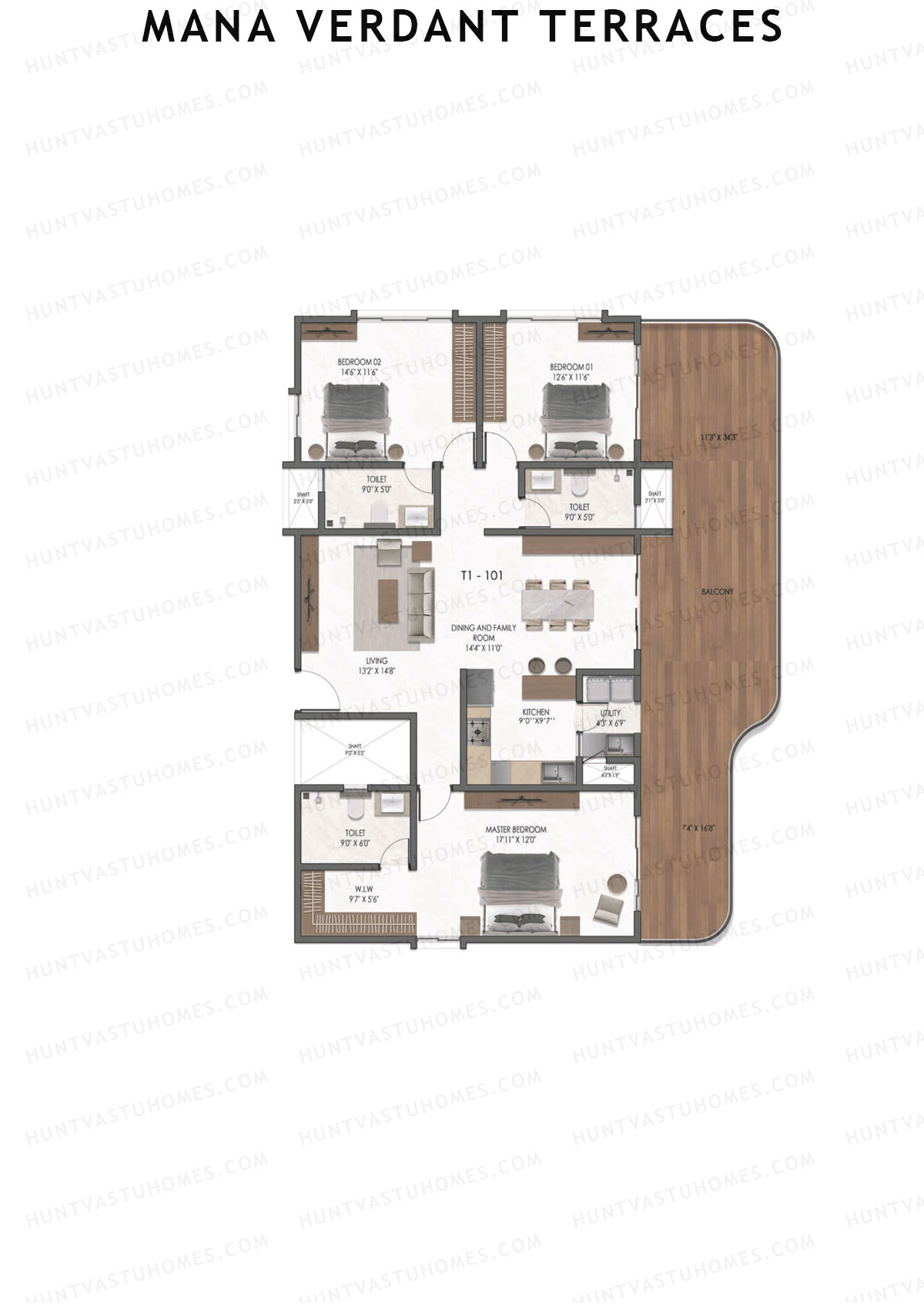 Mana Verdant Terraces, Tower 1, Unit 1, 3BHK, Super Area 2589   sq ft 
