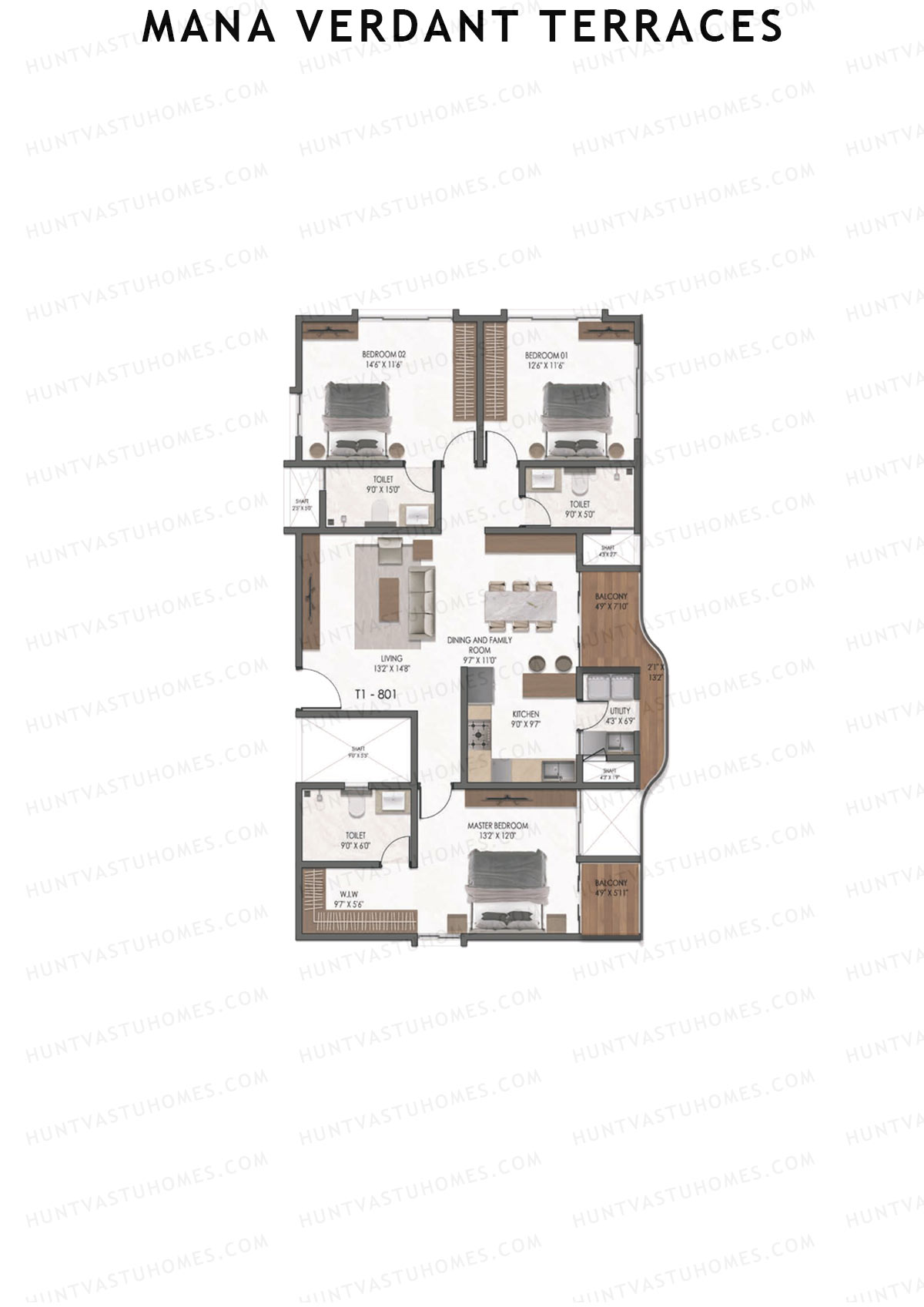 Mana Verdant Terraces, Tower 1, Unit 2, 3BHK, Super Area 1910   sq ft 