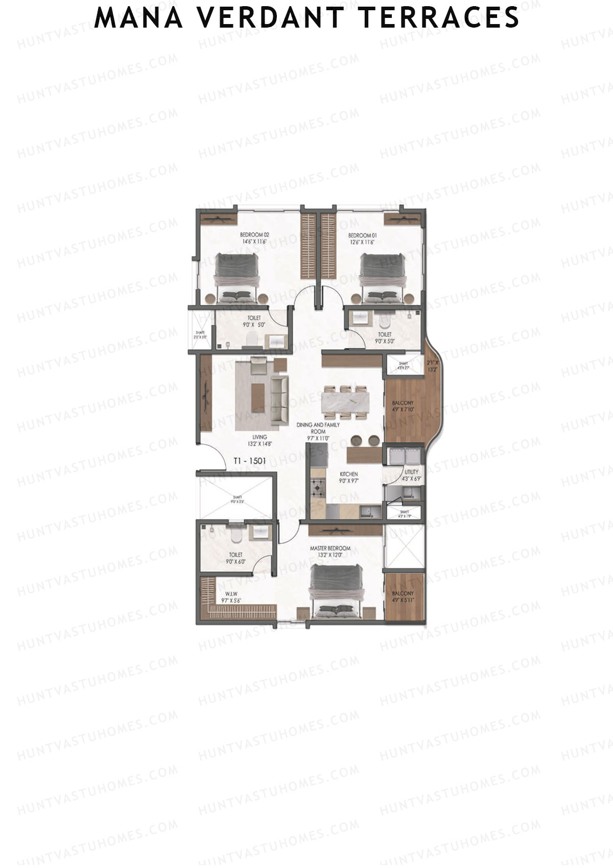 Mana Verdant Terraces, Tower 1, Unit 2, 3BHK, Super Area 1910   sq ft 