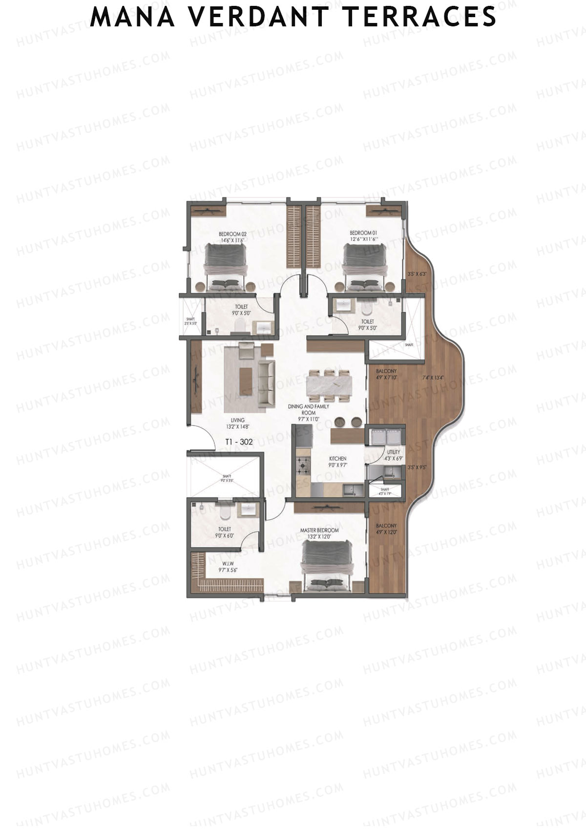 Mana Verdant Terraces, Tower 1, Unit 2, 3BHK, Super Area 2092   sq ft 