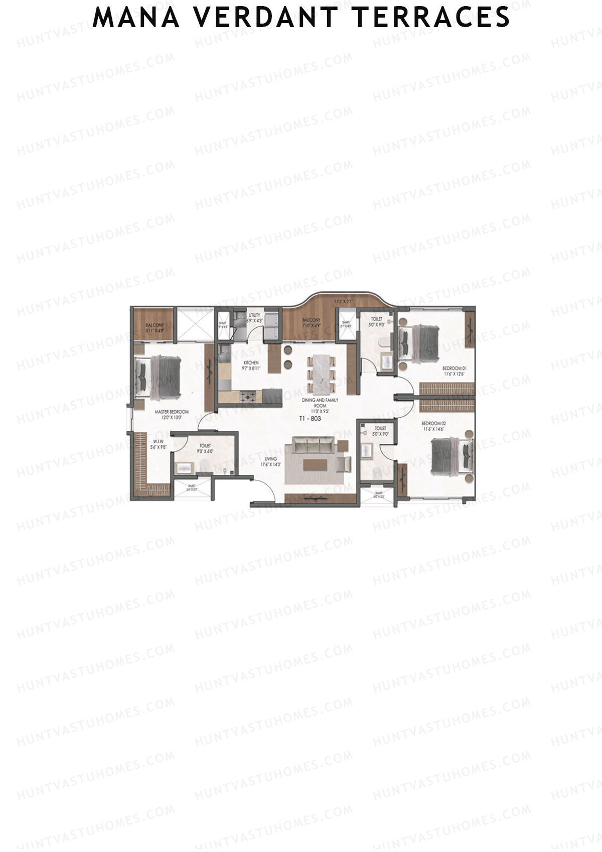 Mana Verdant Terraces, Tower 1, Unit 3, 3BHK, Super Area 1934   sq ft 
