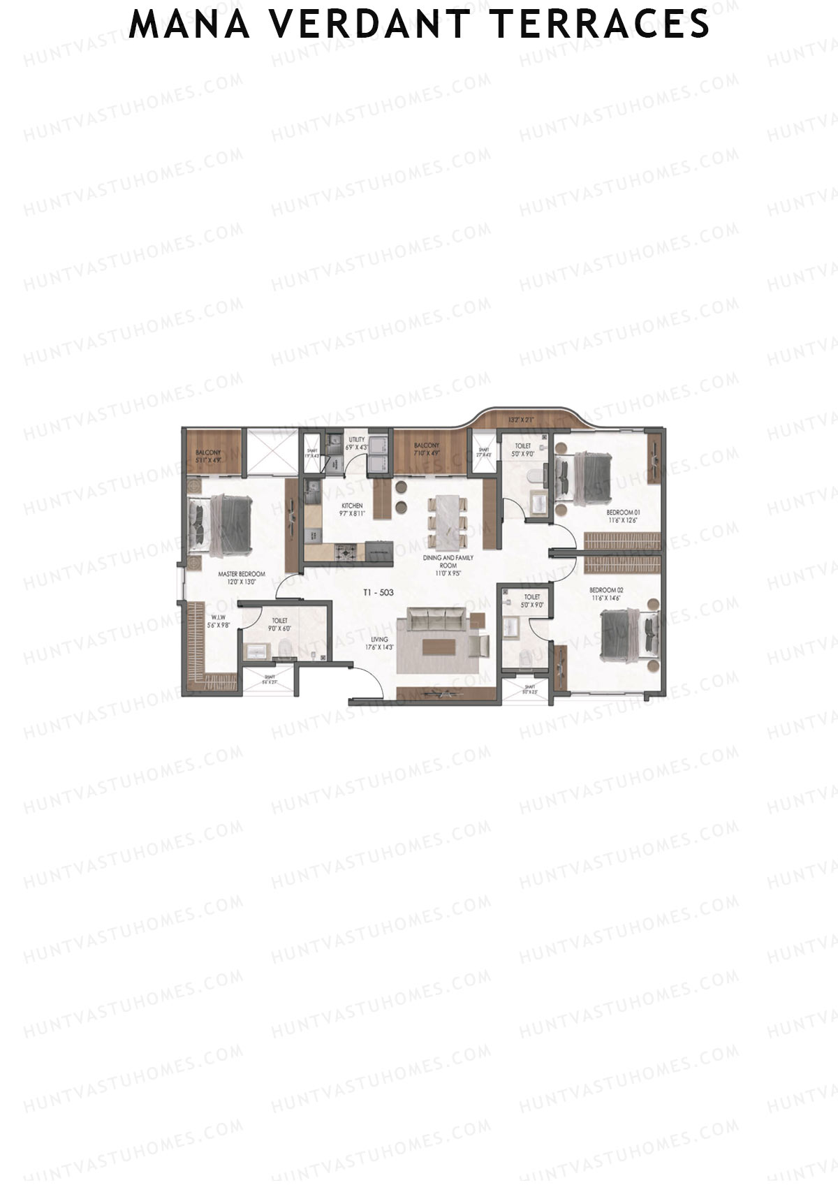 Mana Verdant Terraces, Tower 1, Unit 3, 3BHK, Super Area 1934   sq ft 