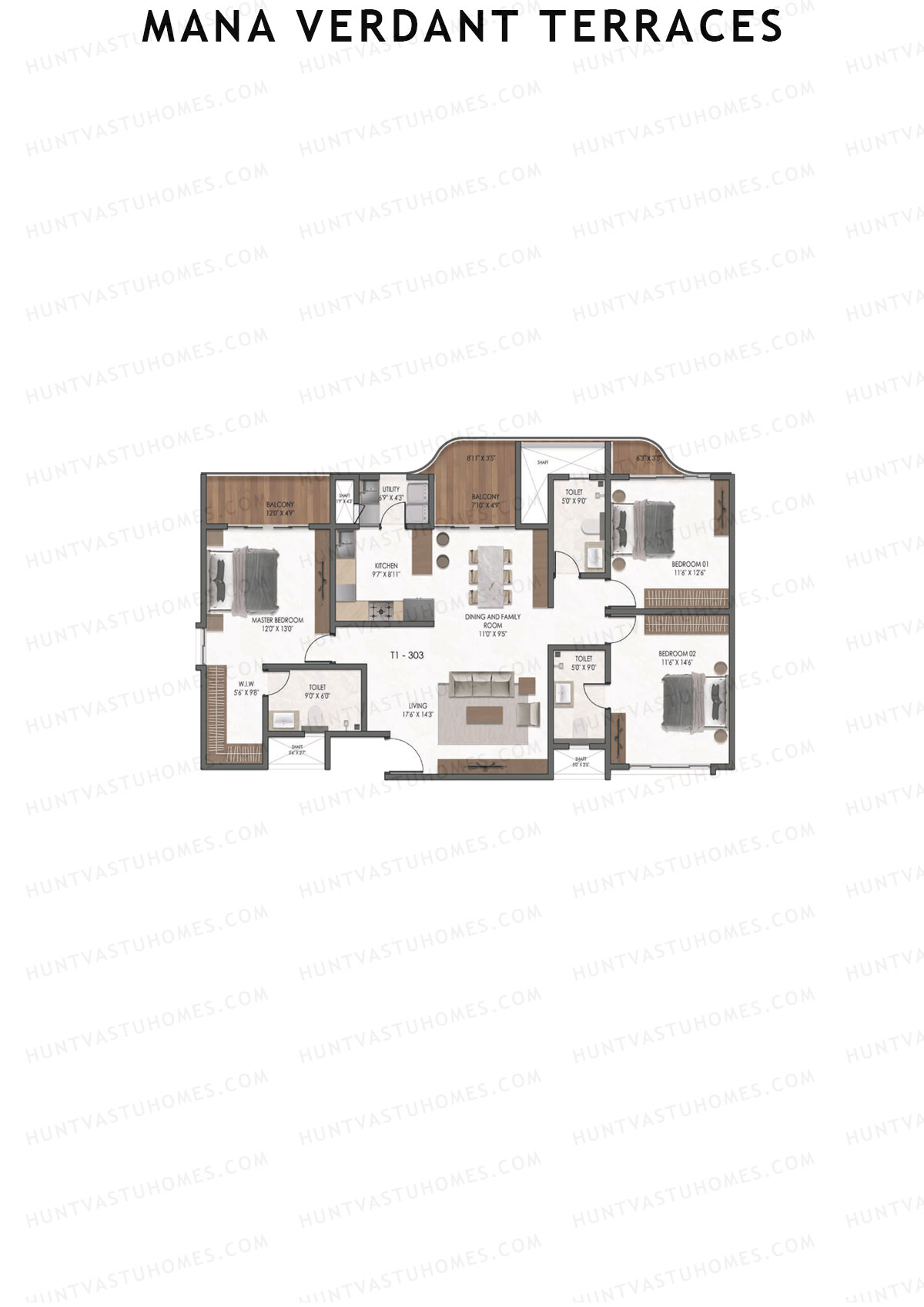 Mana Verdant Terraces, Tower 1, Unit 3, 3BHK, Super Area 2005   sq ft 