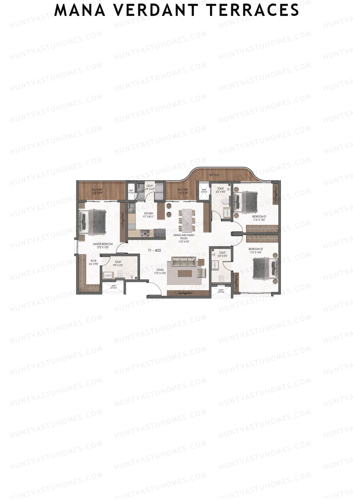 Mana Verdant Terraces, Tower 1, Unit 3, 3BHK, Super Area 2008   sq ft 