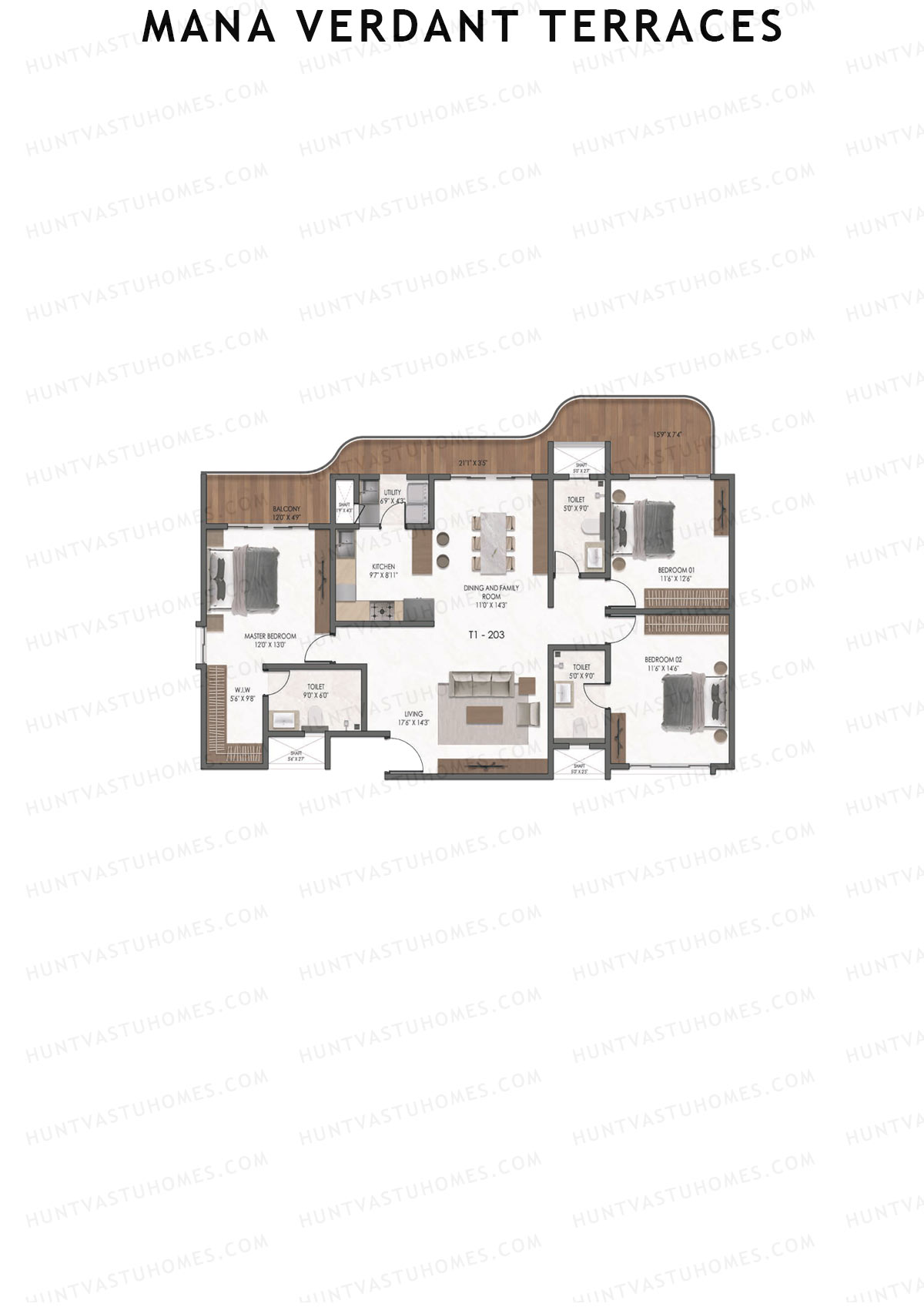 Mana Verdant Terraces, Tower 1, Unit 3, 3BHK, Super Area 2178   sq ft 