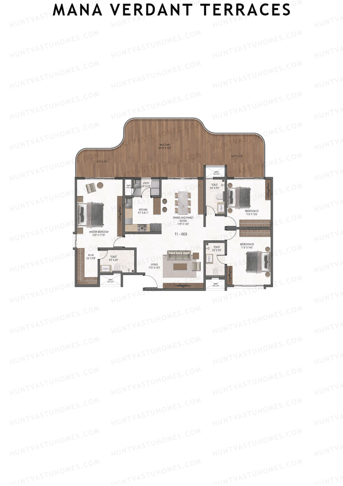 Mana Verdant Terraces, Tower 1, Unit 3, 3BHK, Super Area 2385   sq ft 
