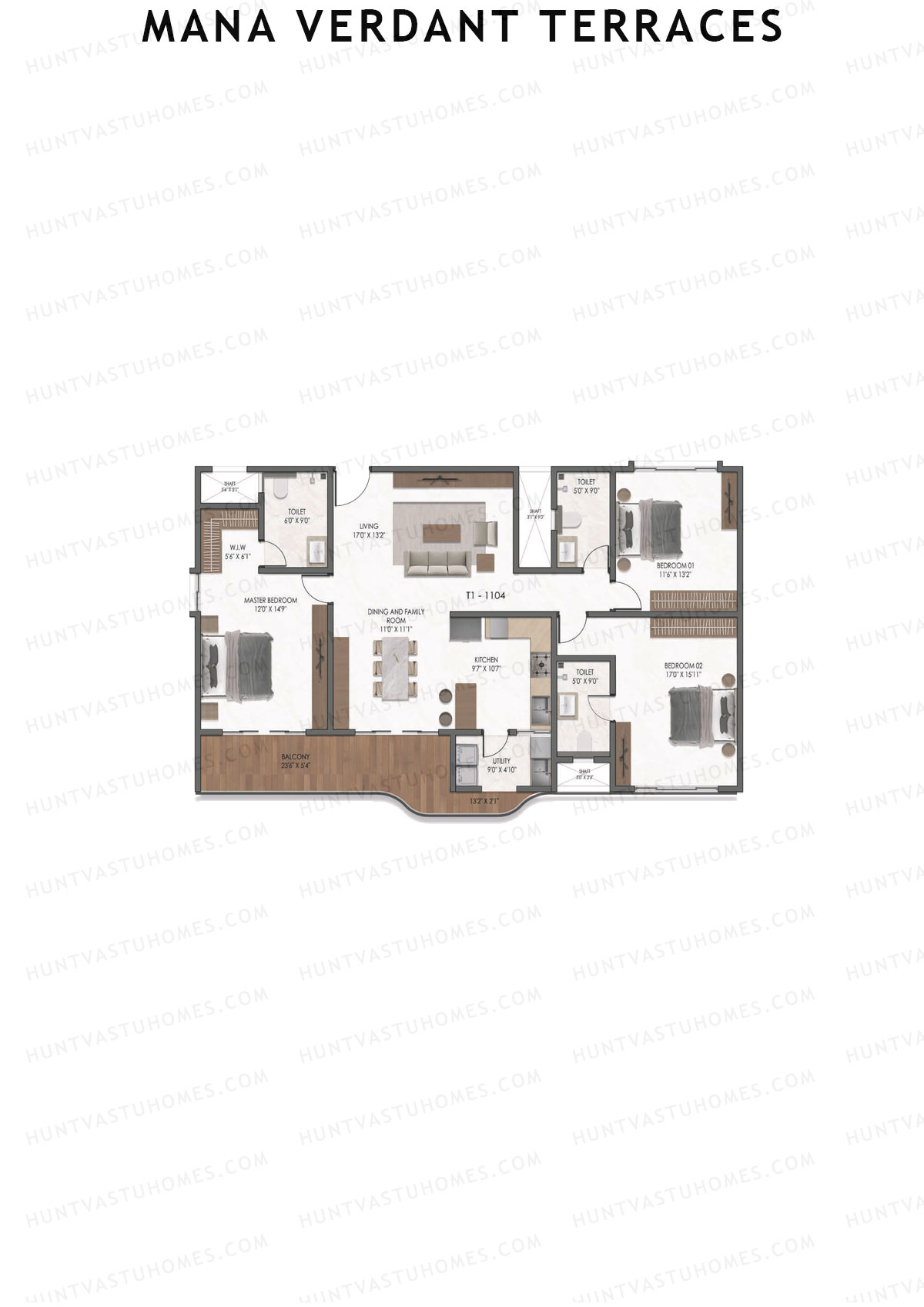 Mana Verdant Terraces, Tower 1, Unit 4, 3BHK, Super Area 2090   sq ft 