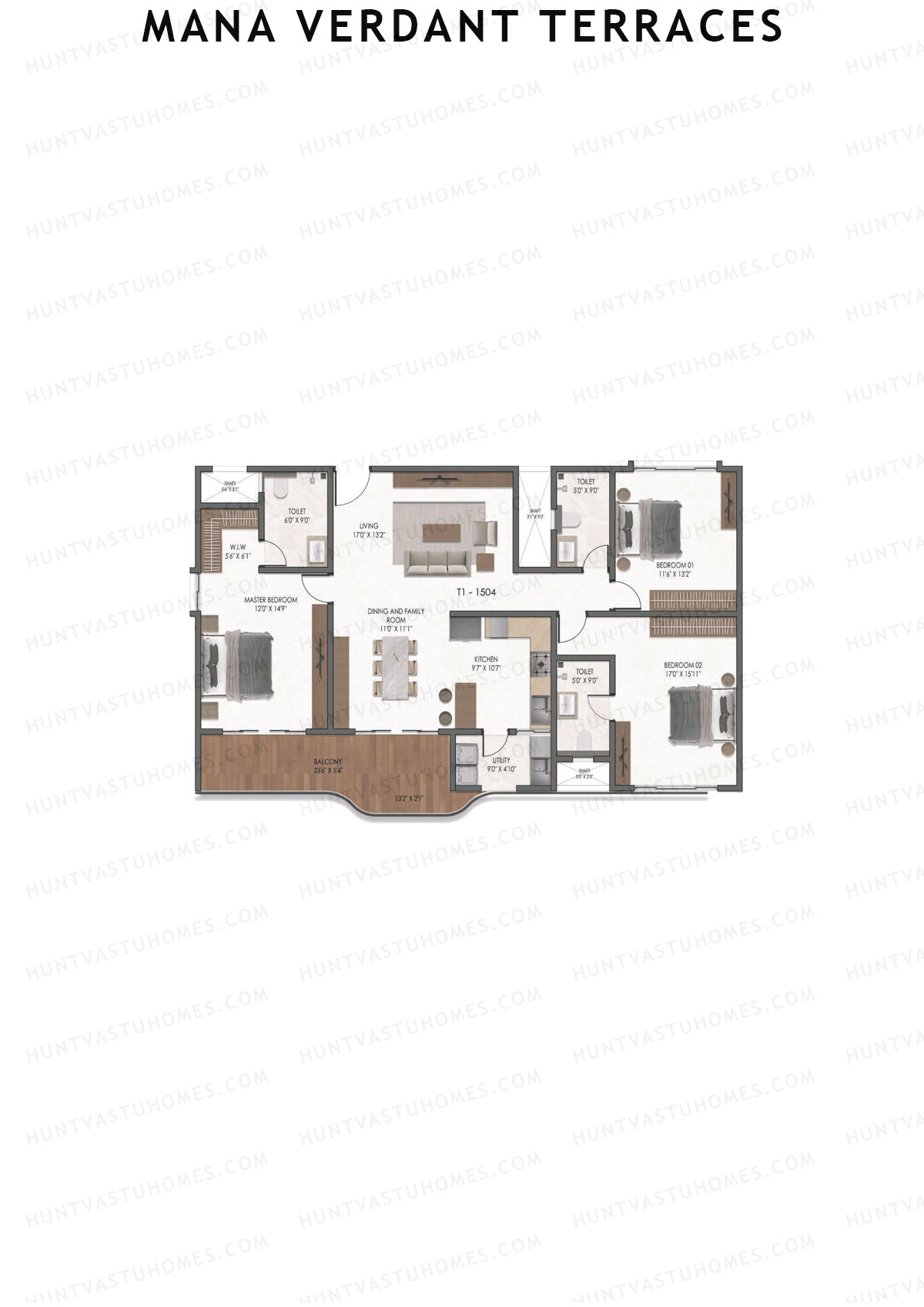 Mana Verdant Terraces, Tower 1, Unit 4, 3BHK, Super Area 2090   sq ft 
