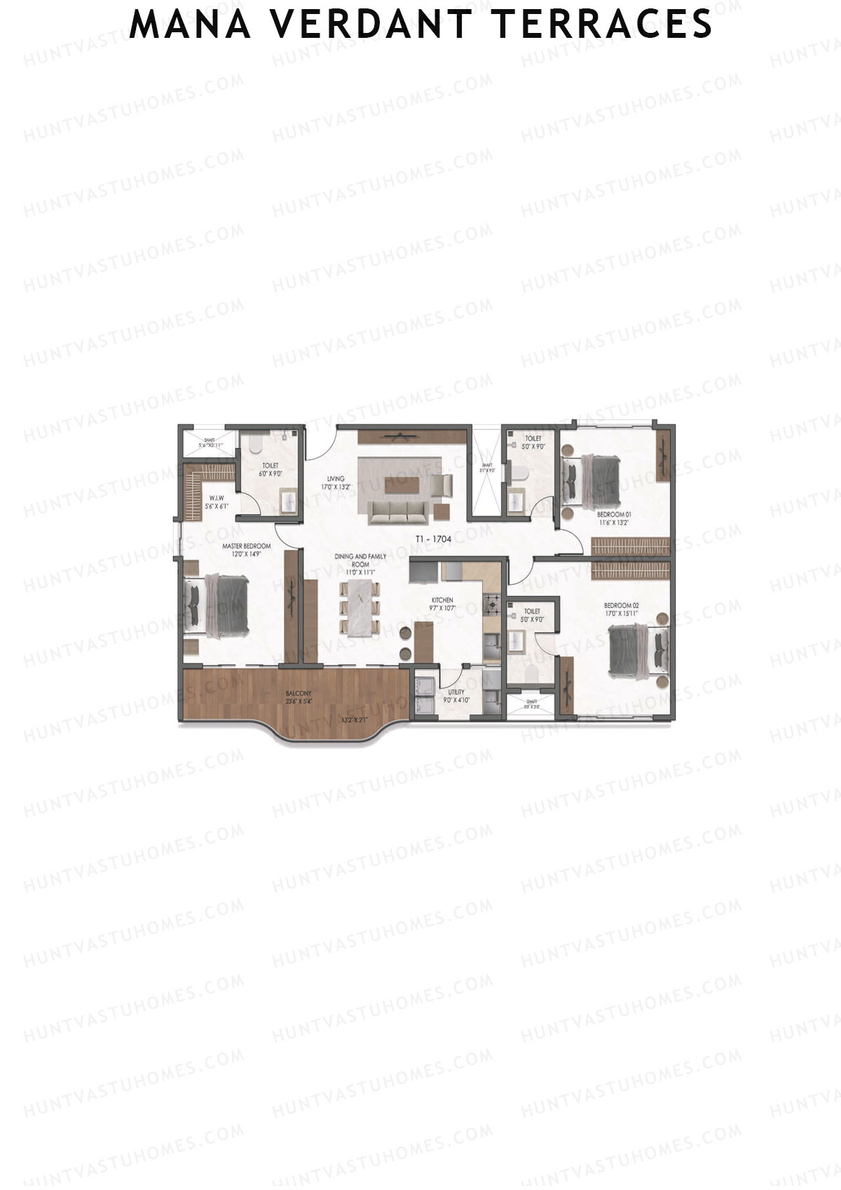 Mana Verdant Terraces, Tower 1, Unit 4, 3BHK, Super Area 2090   sq ft 