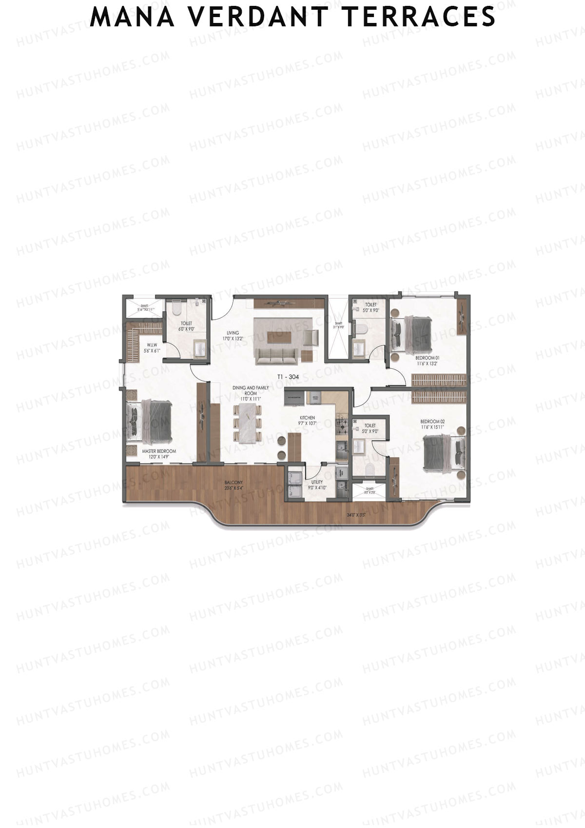 Mana Verdant Terraces, Tower 1, Unit 4, 3BHK, Super Area 2204   sq ft 